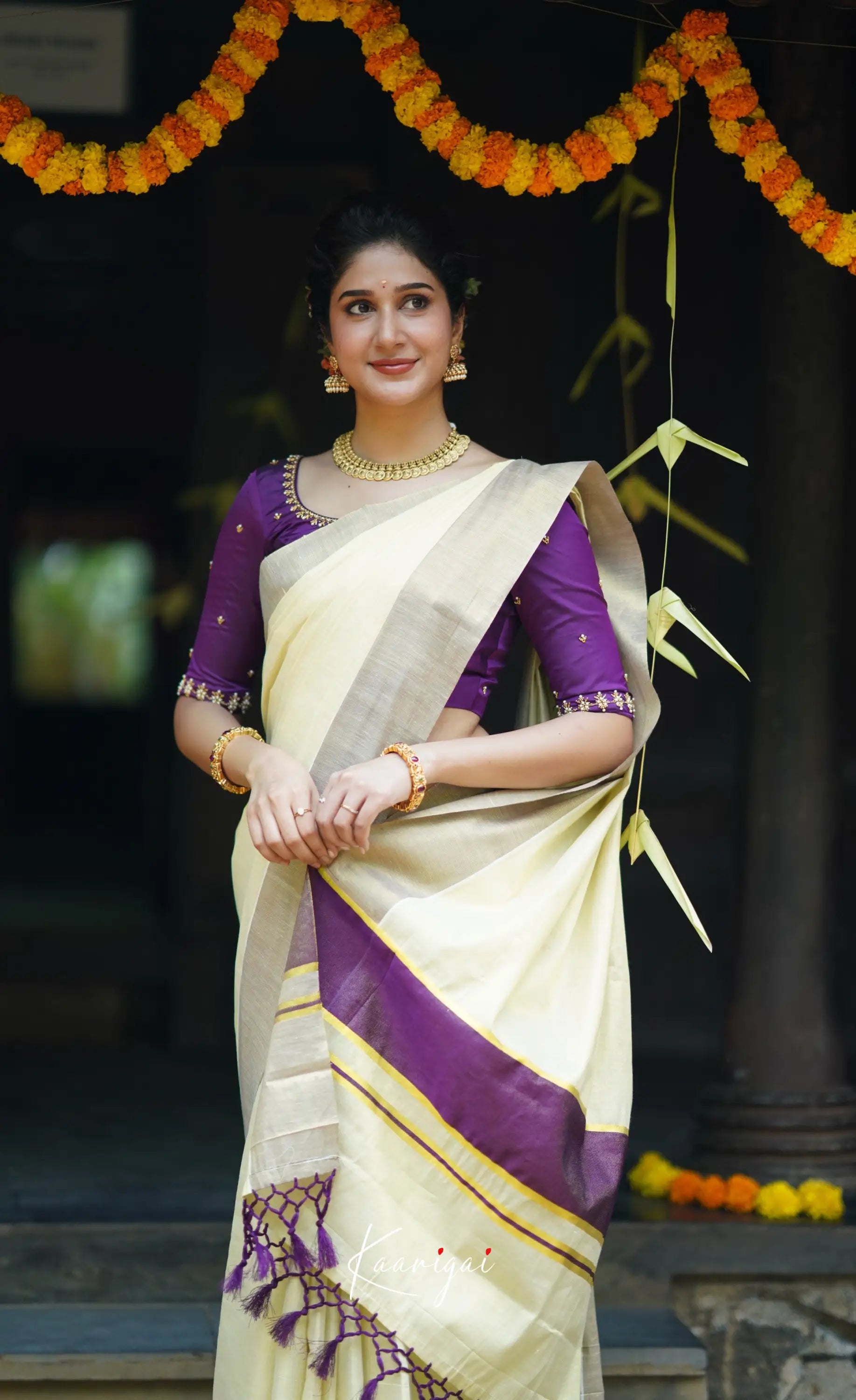 Omana Cotton Saree - Cream White And Purple Sarees