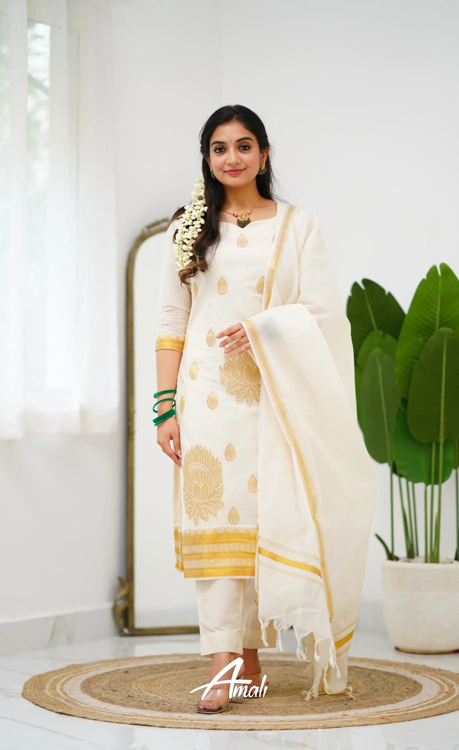 Omana Cotton Tissue Salwar - Offwhite And Gold Salwar