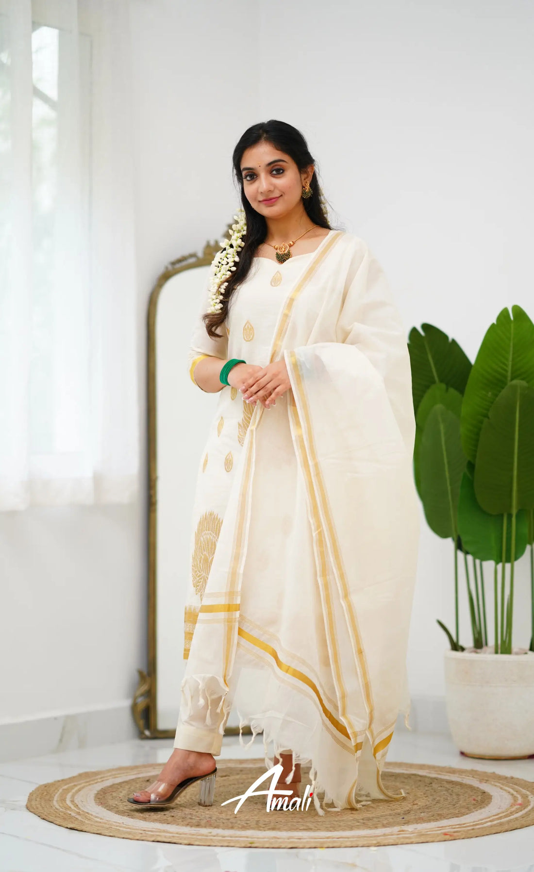 Omana Cotton Tissue Salwar - Offwhite And Gold Salwar