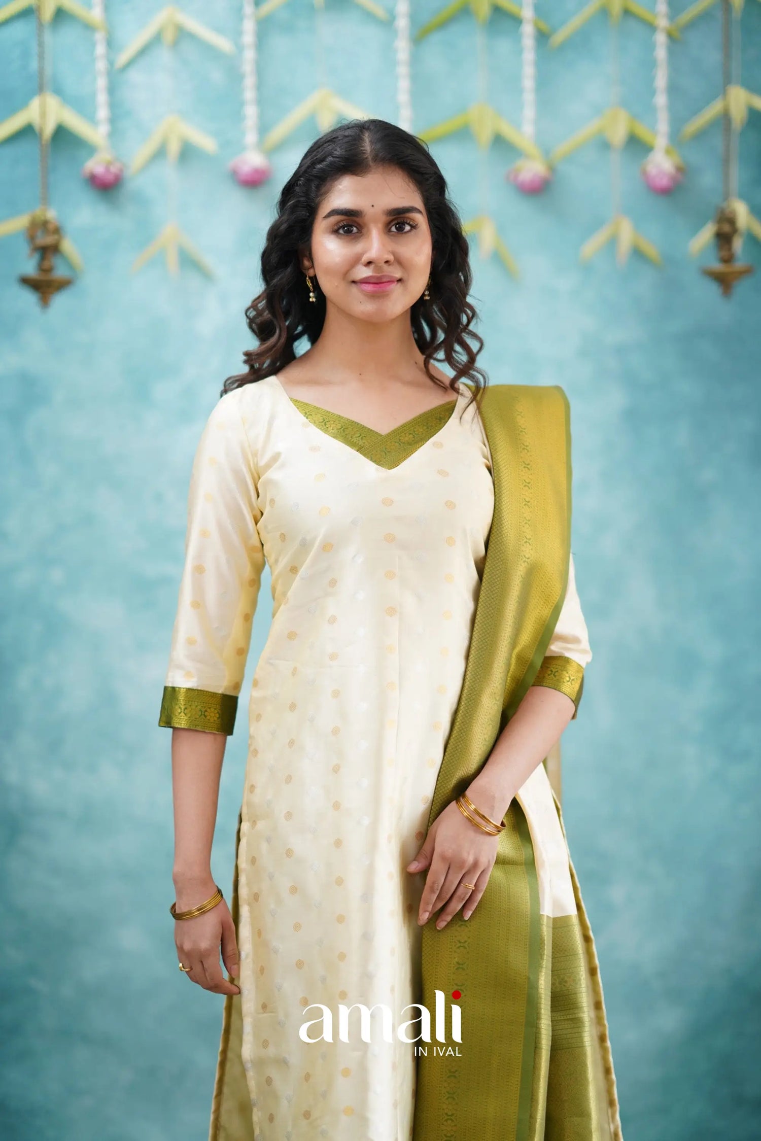 Omana - Cream And Green Blended Silk Salwar Salwar
