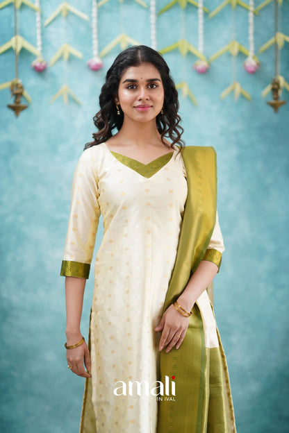 Omana - Cream And Green Blended Silk Salwar Salwar