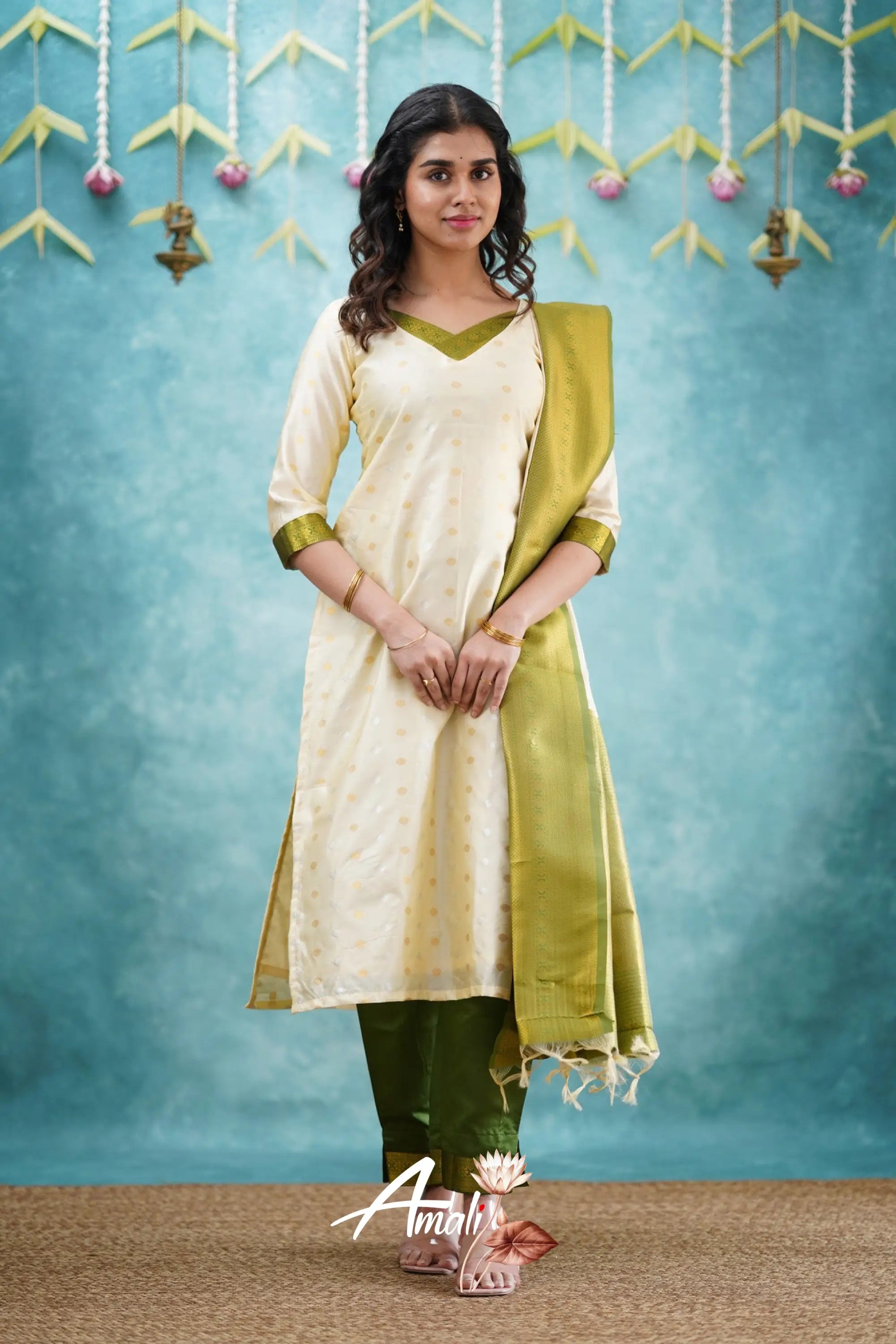 Omana - Cream And Green Blended Silk Salwar Salwar