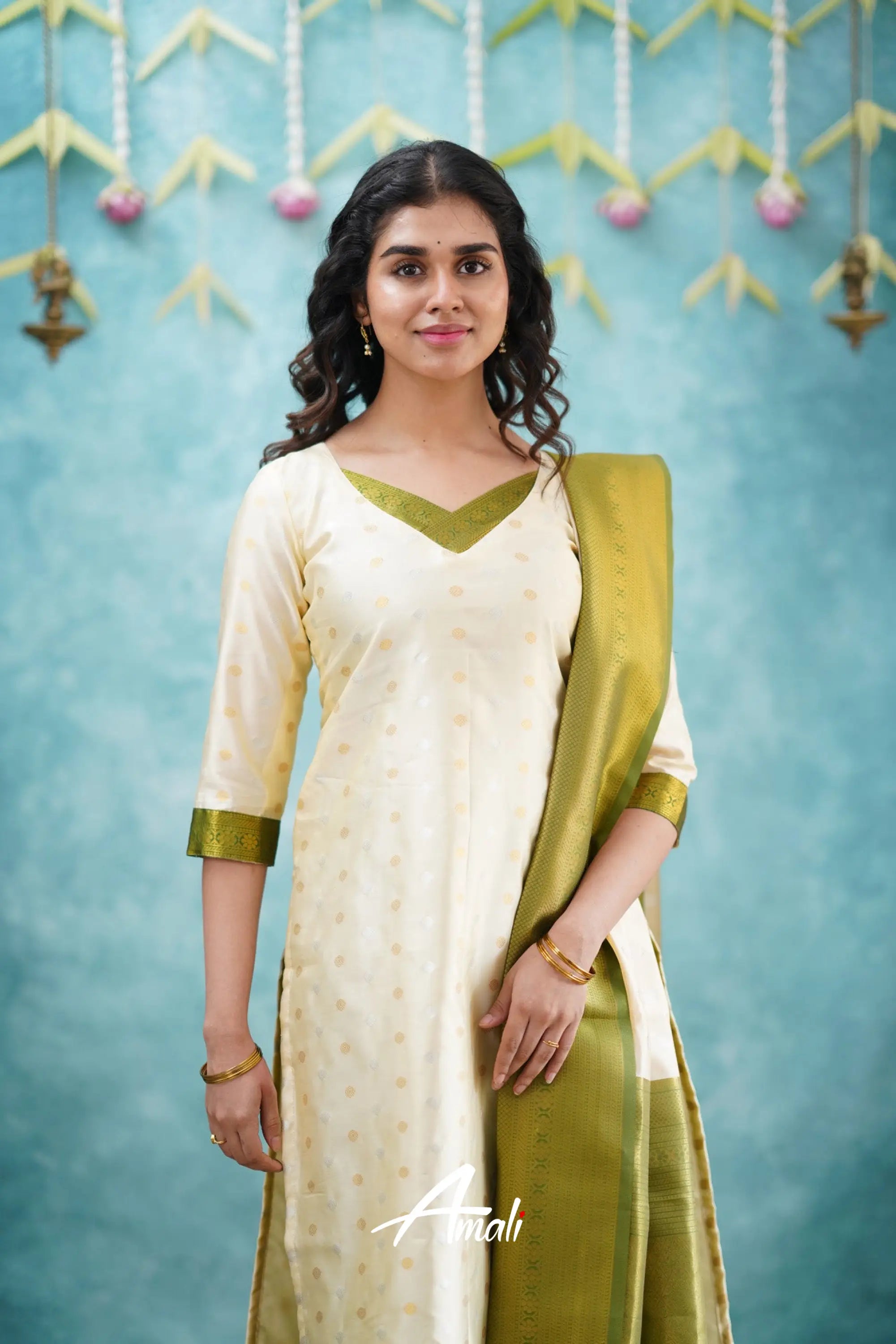 Omana - Cream And Green Blended Silk Salwar Salwar