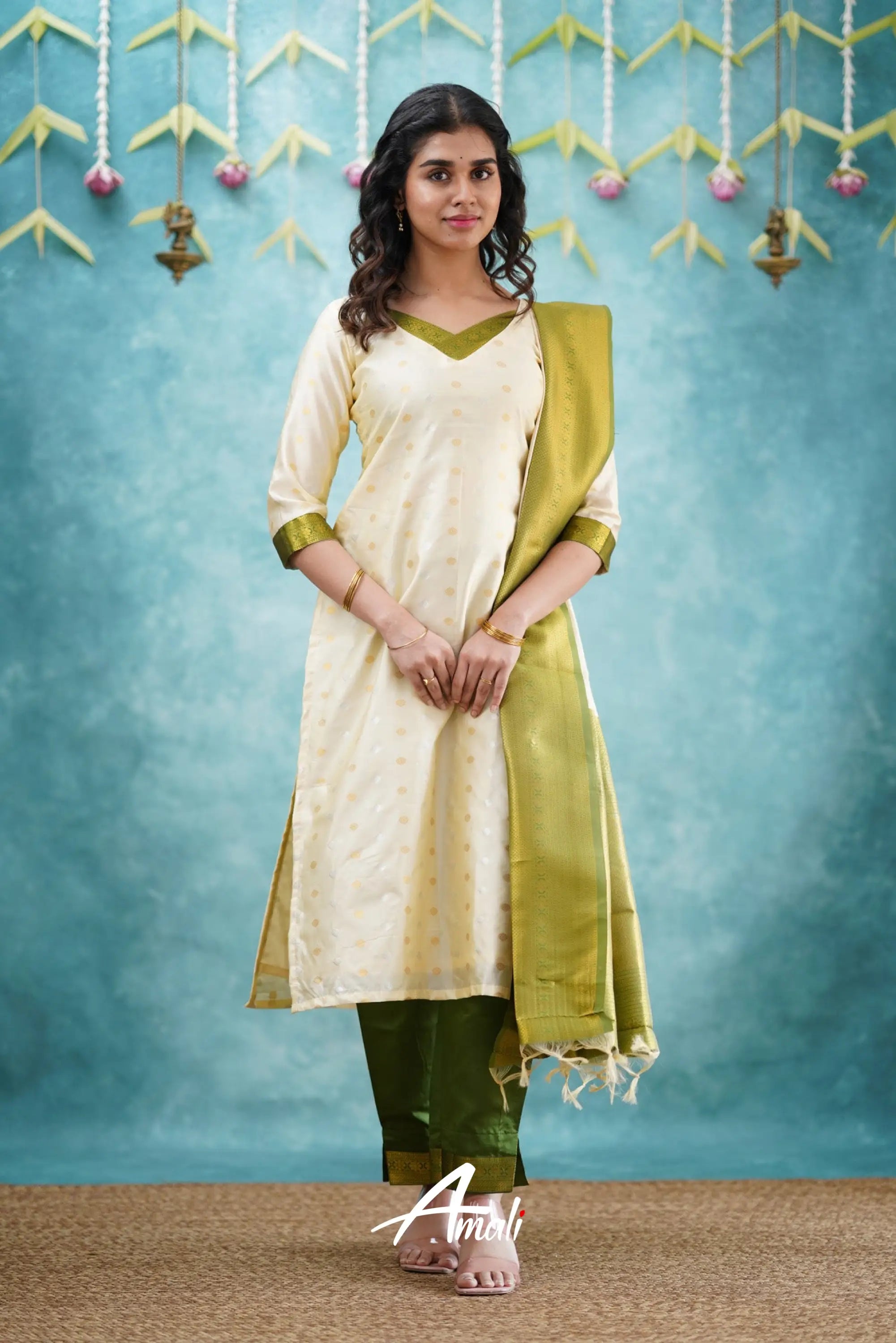 Omana - Cream And Green Blended Silk Salwar Salwar