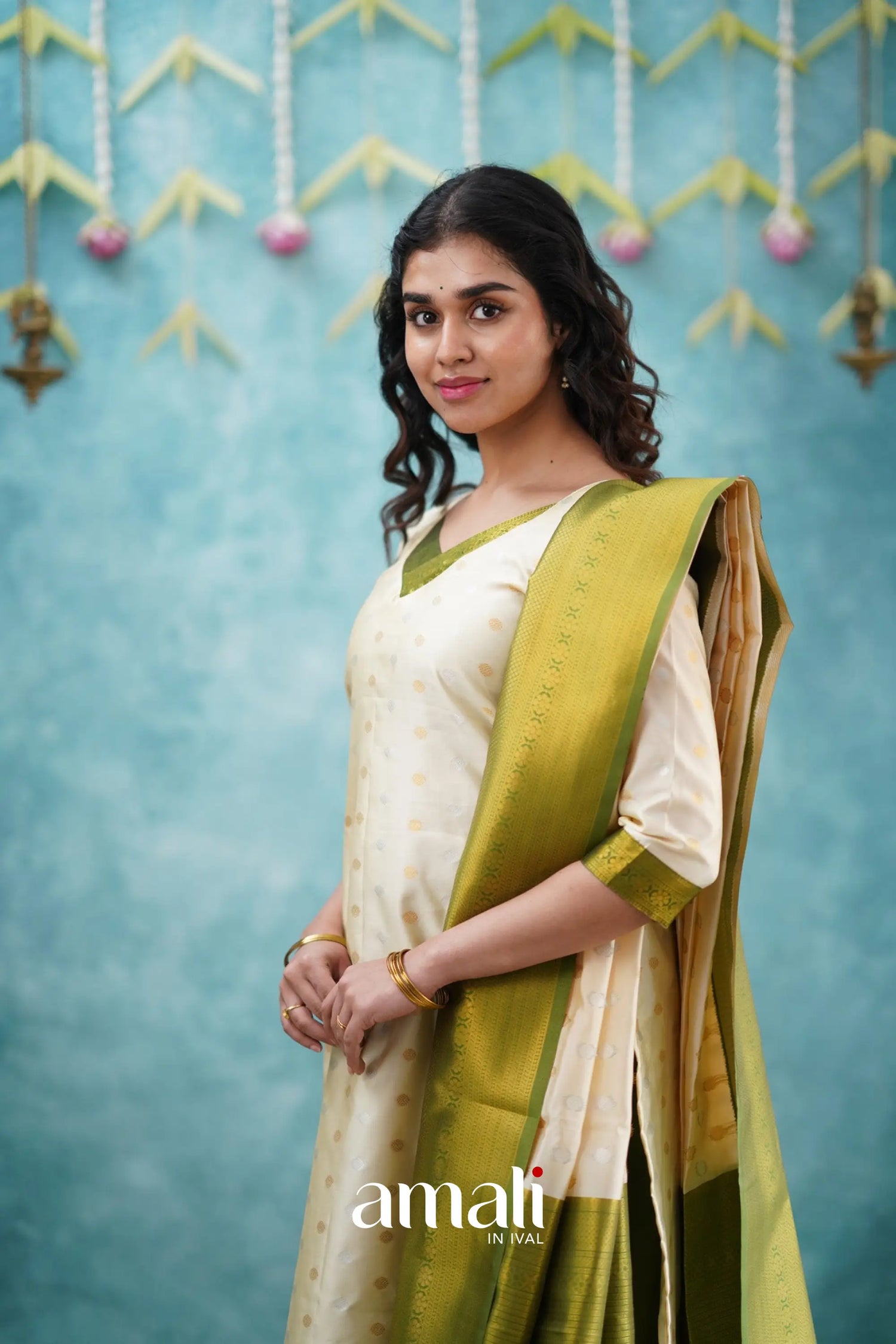 Omana - Cream And Green Blended Silk Salwar Salwar