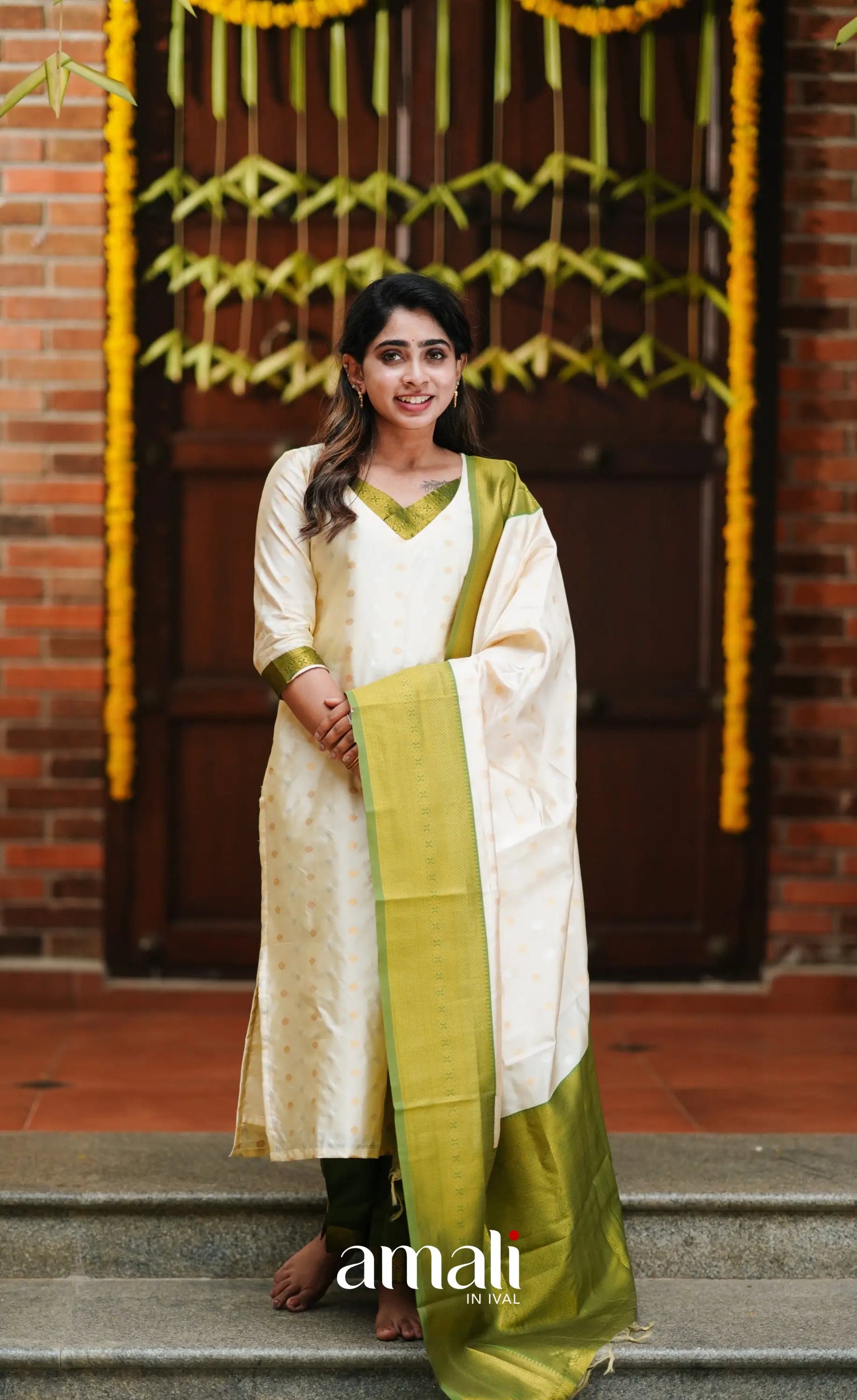 Omana - Cream And Green Blended Silk Salwar Salwar