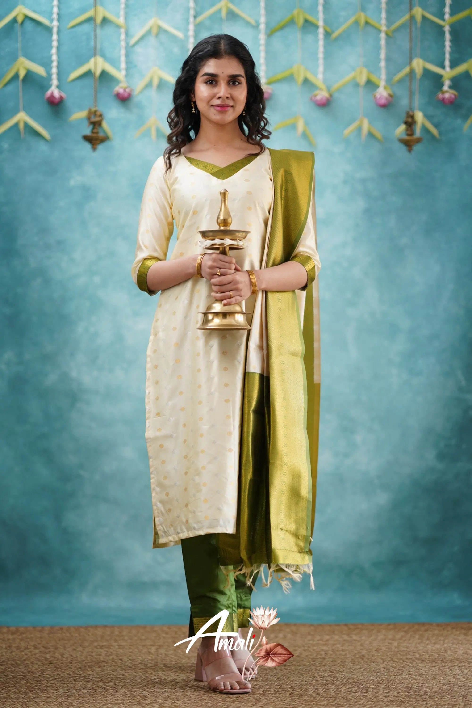 Omana - Cream And Green Blended Silk Salwar Salwar