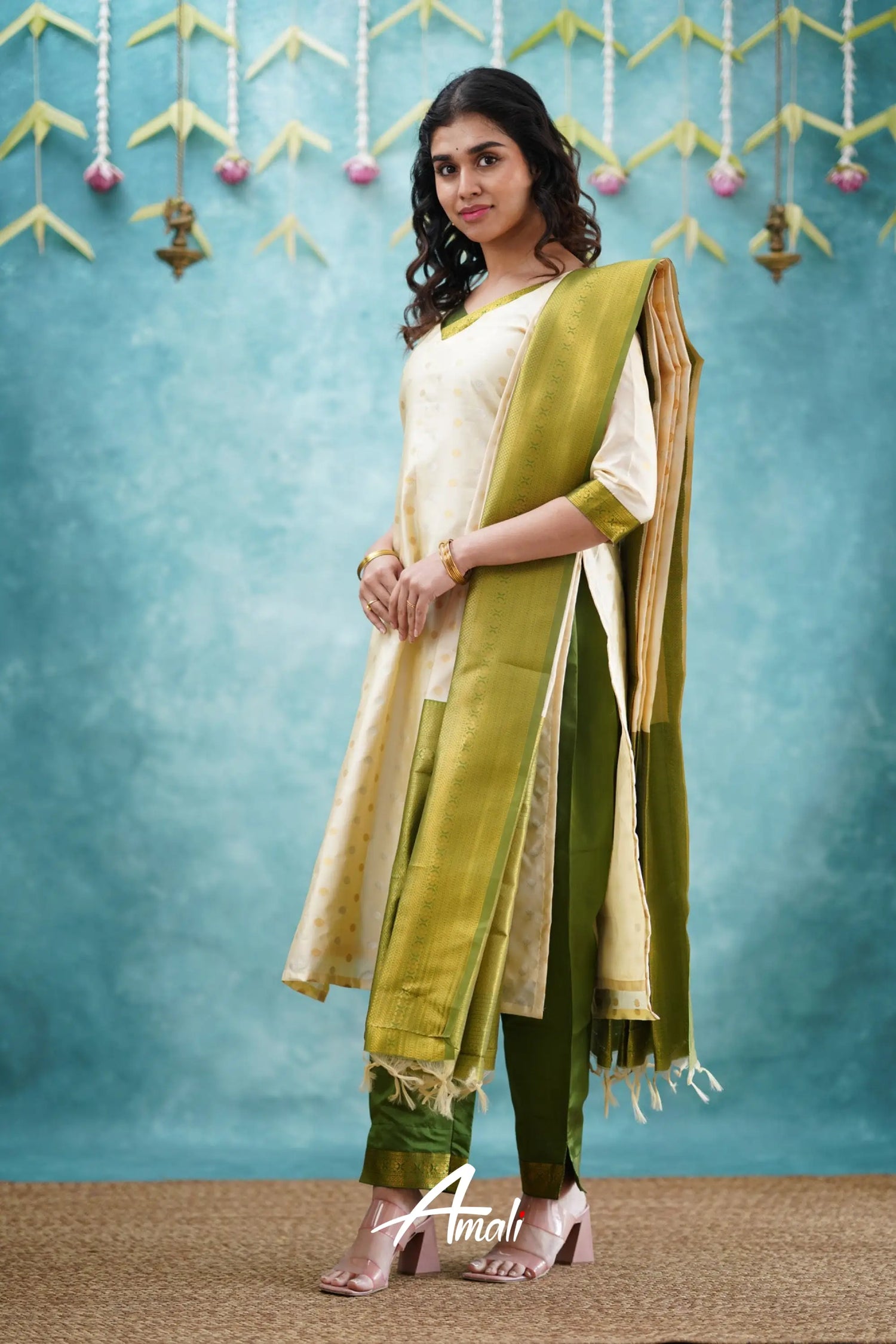 Omana - Cream And Green Blended Silk Salwar Salwar