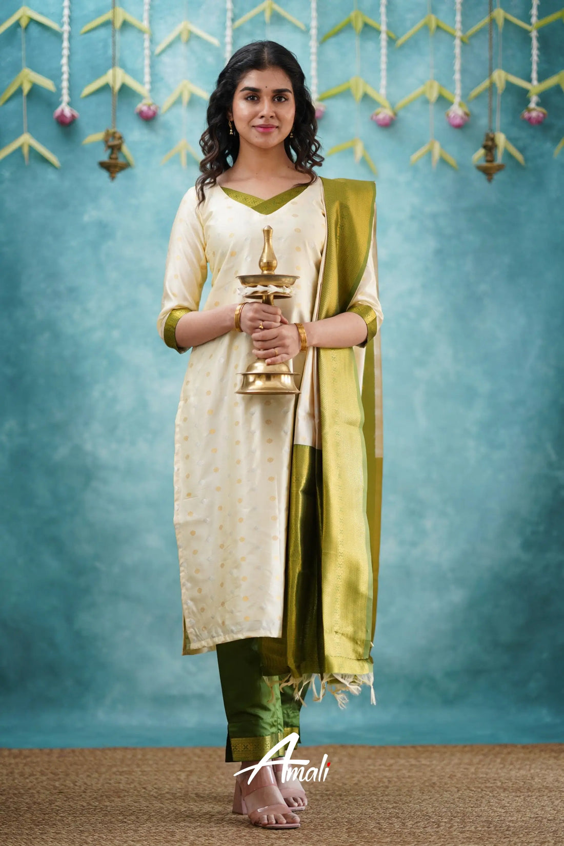 Sanvi - Cream And Green Blended Silk Salwar Salwar