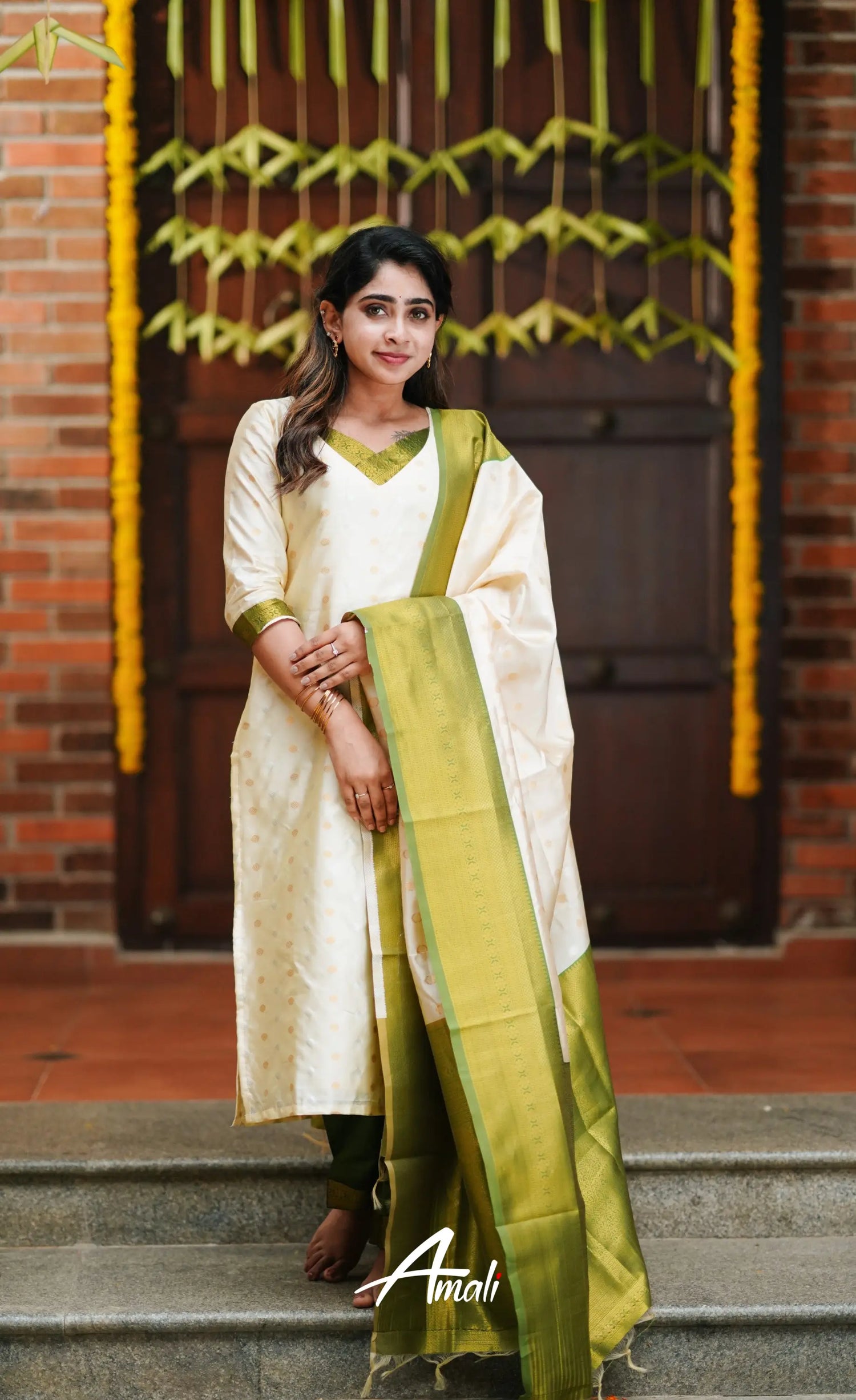 Omana - Cream And Green Blended Silk Salwar Salwar