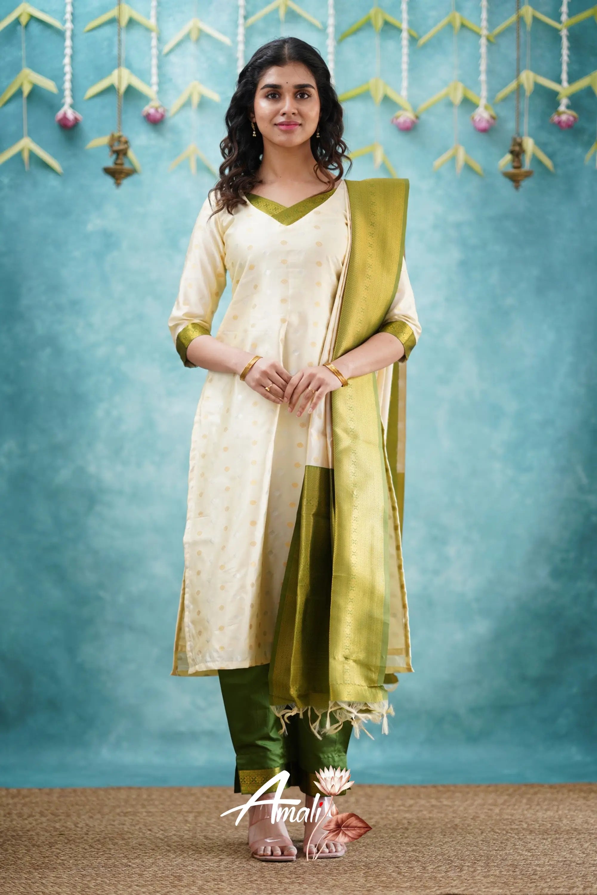 Omana - Cream And Green Blended Silk Salwar Salwar