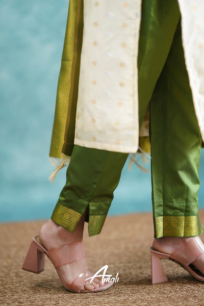 Omana - Cream And Green Blended Silk Salwar Salwar