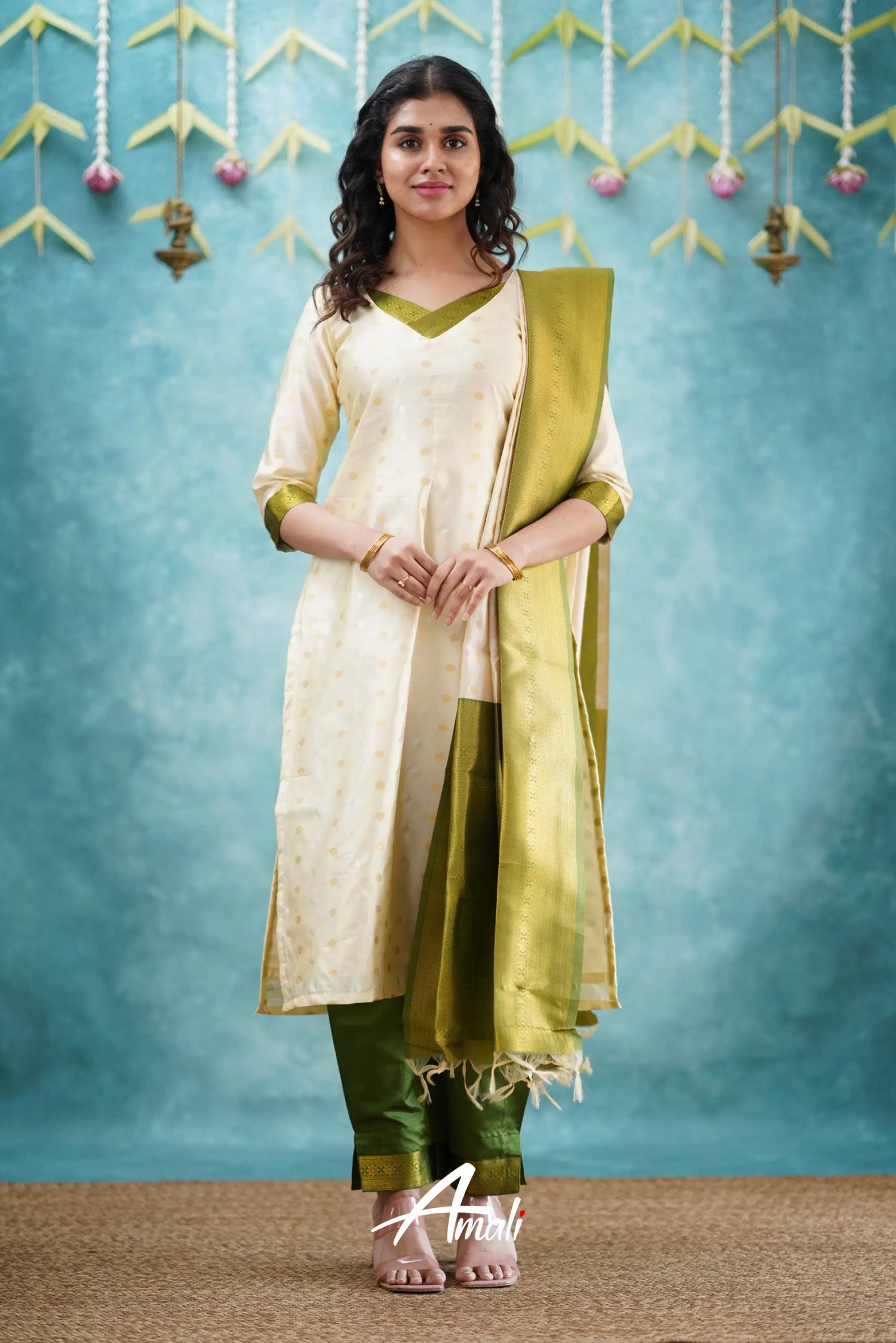 Omana - Cream And Green Blended Silk Salwar Salwar