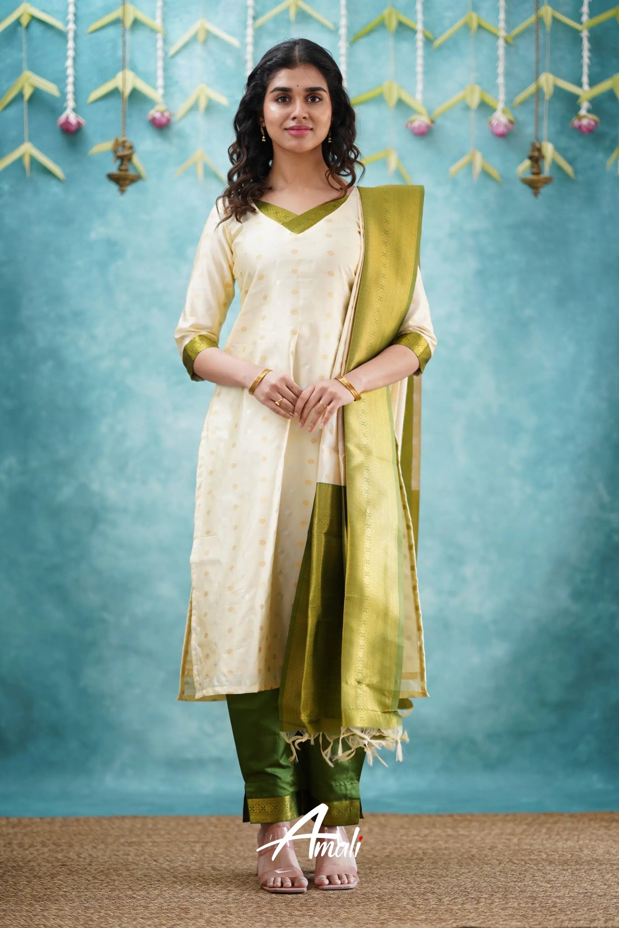 Omana - Cream And Green Blended Silk Salwar Salwar