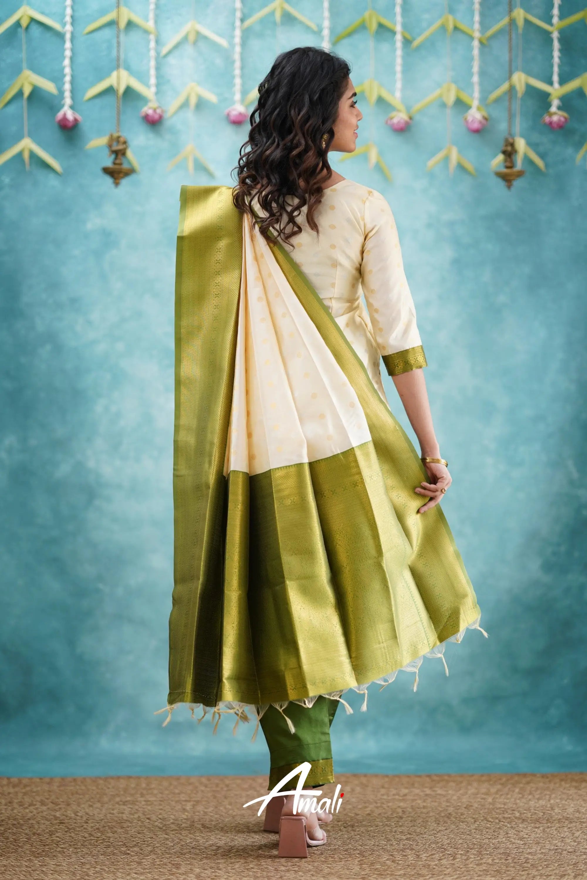 Omana - Cream And Green Blended Silk Salwar Salwar