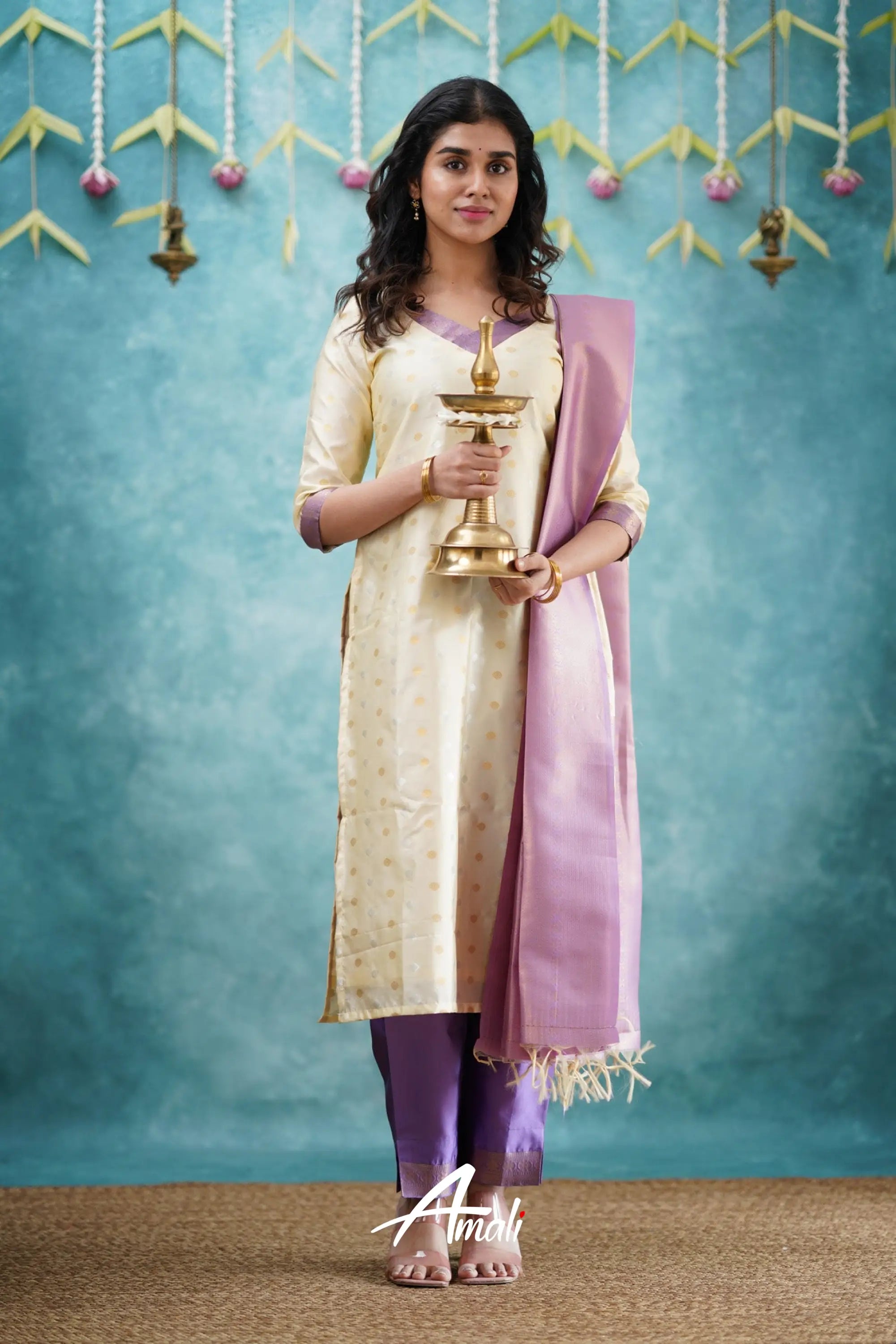 Omana - Cream And Lavender Blended Silk Salwar Salwar