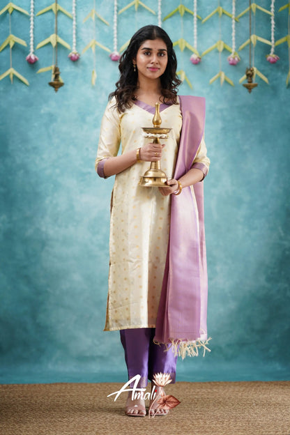 Omana - Cream And Lavender Blended Silk Salwar Salwar