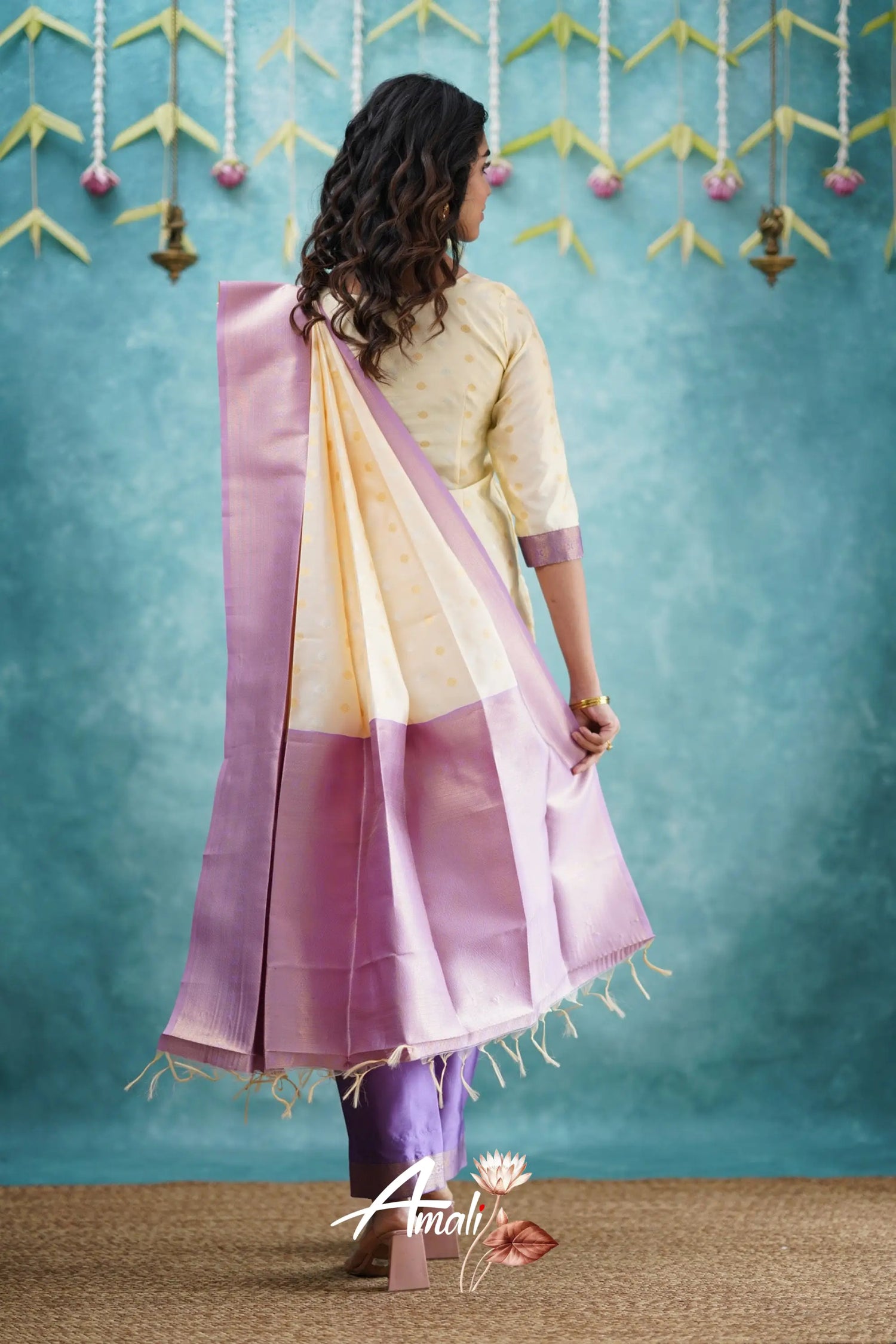 Omana - Cream And Lavender Blended Silk Salwar Salwar