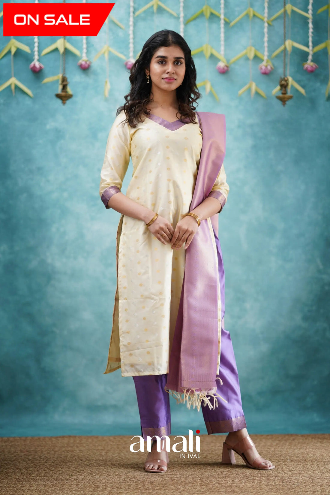 Omana - Cream And Lavender Blended Silk Salwar Salwar