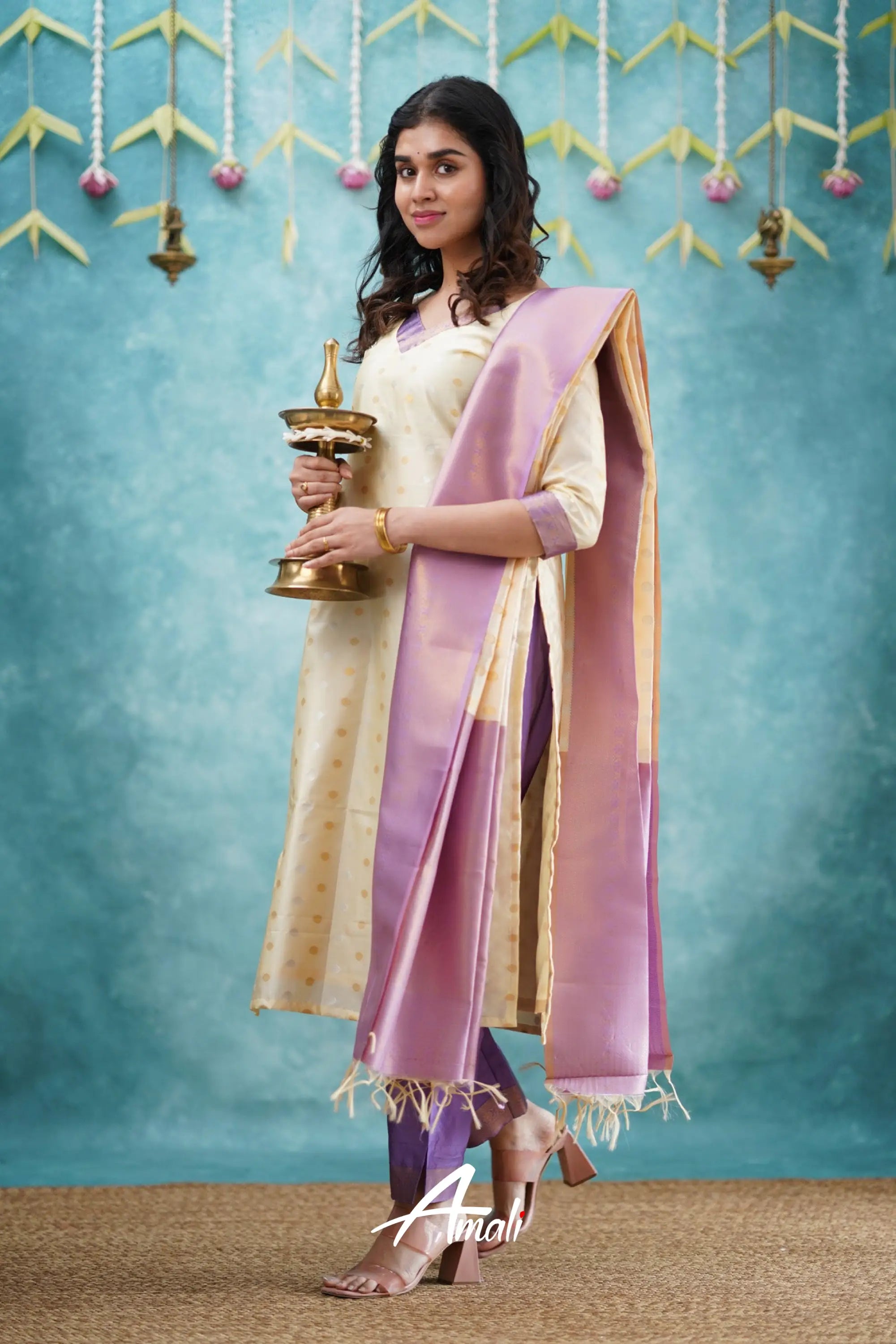 Omana - Cream And Lavender Blended Silk Salwar Salwar