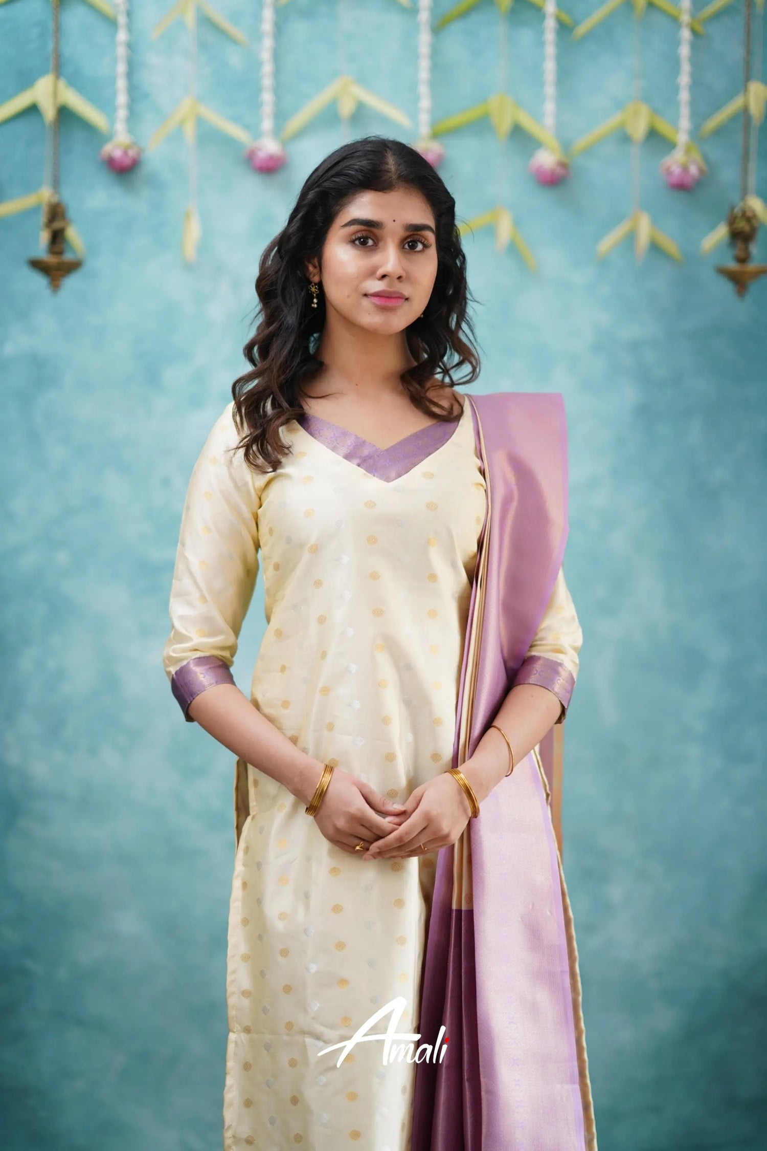 Sanvi - Cream And Lavender Blended Silk Salwar Salwar