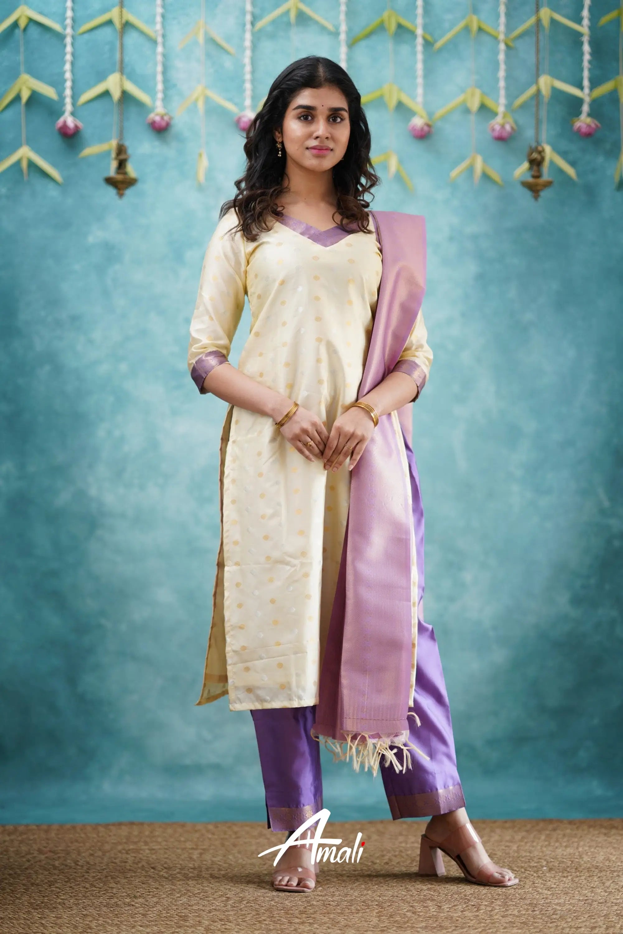 Omana - Cream And Lavender Blended Silk Salwar Salwar