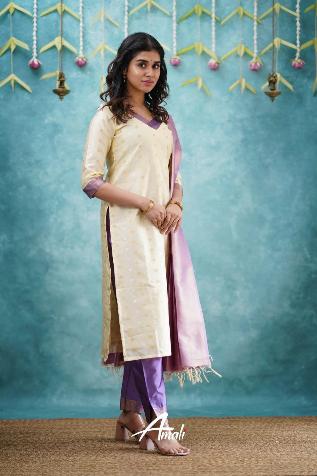 Omana - Cream And Lavender Blended Silk Salwar Salwar