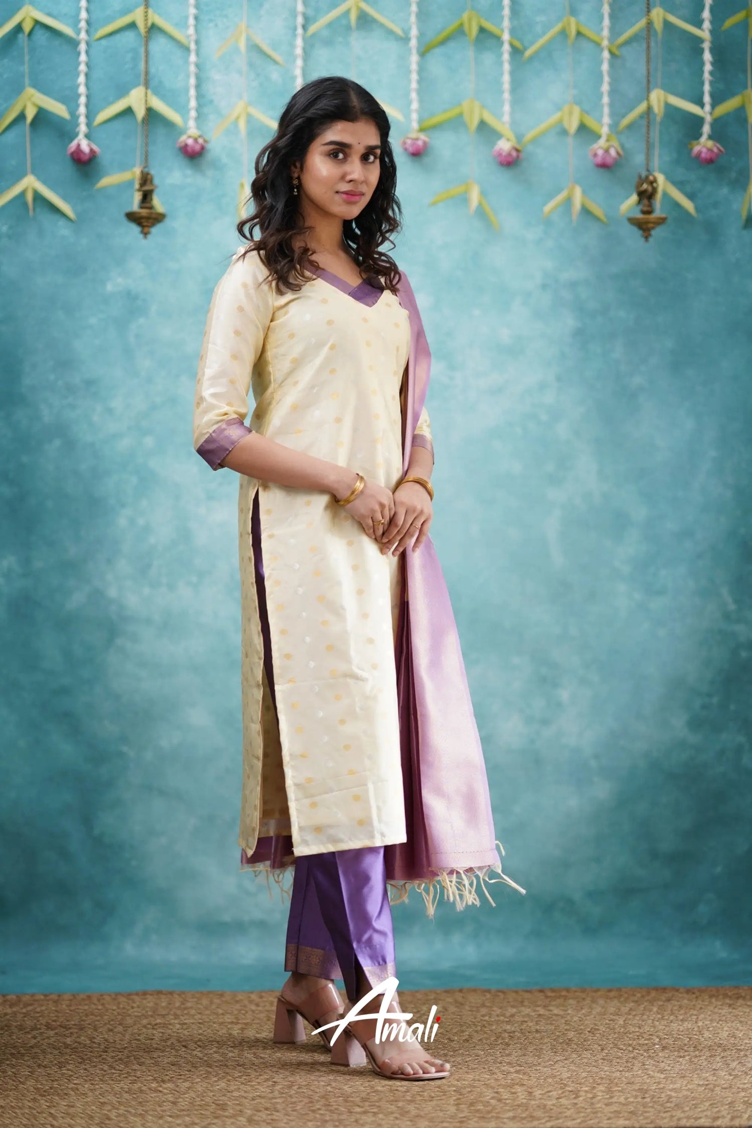 Omana - Cream And Lavender Blended Silk Salwar Salwar