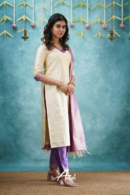 Sanvi - Cream And Lavender Blended Silk Salwar Salwar