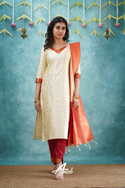 Omana - Cream And Red Blended Silk Salwar Salwar