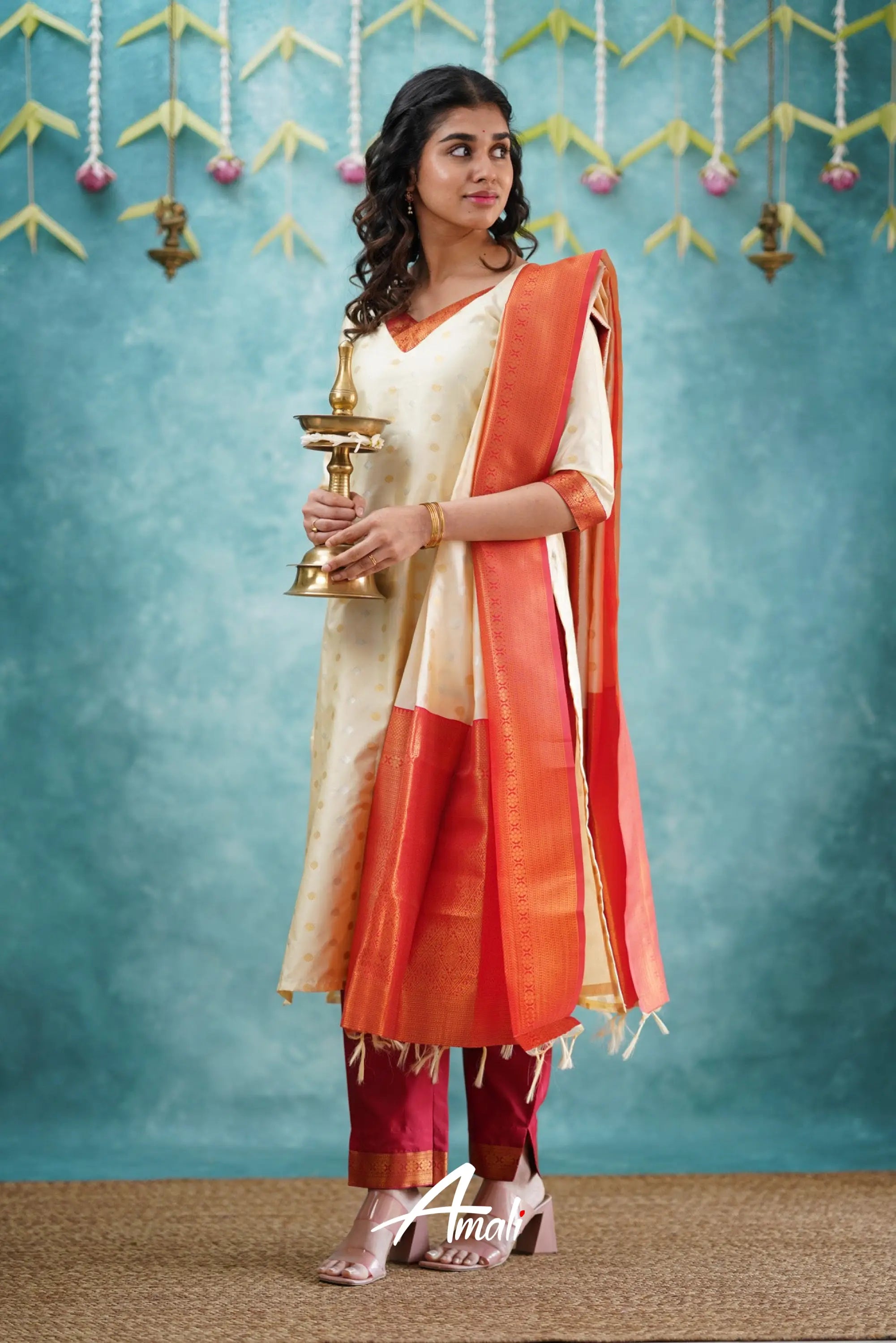 Omana - Cream And Red Blended Silk Salwar Salwar