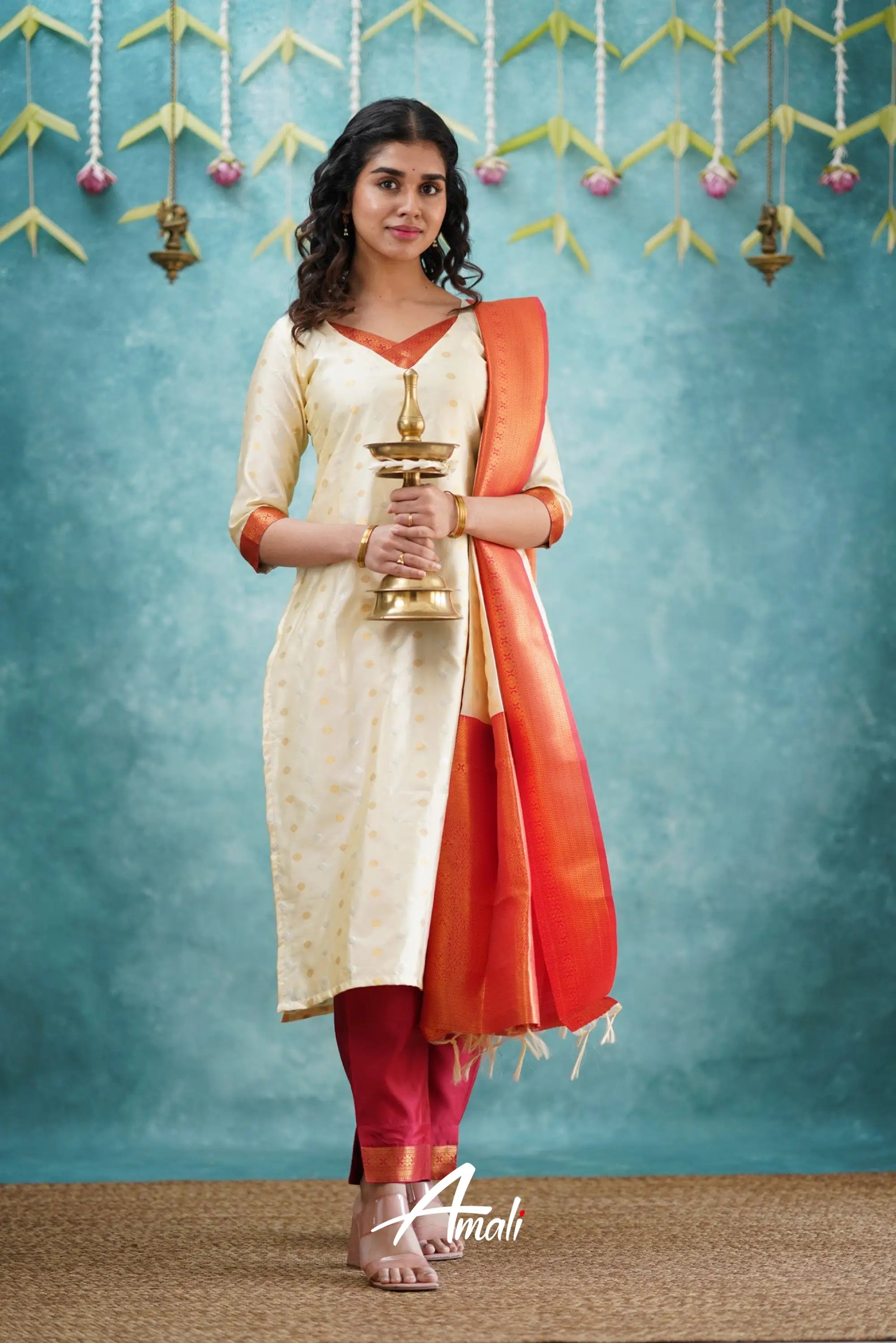 Omana - Cream And Red Blended Silk Salwar Salwar