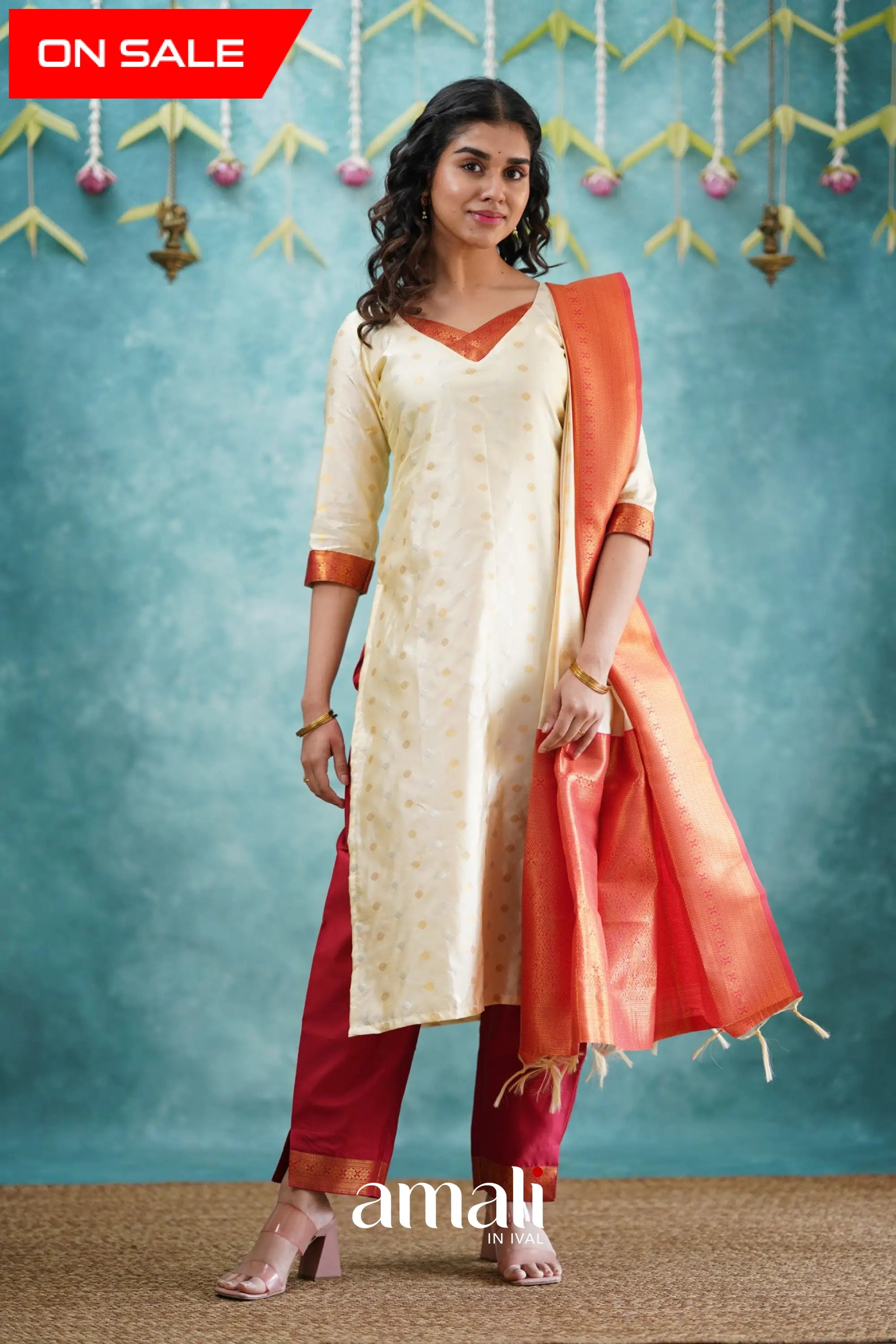 Omana - Cream And Red Blended Silk Salwar Salwar