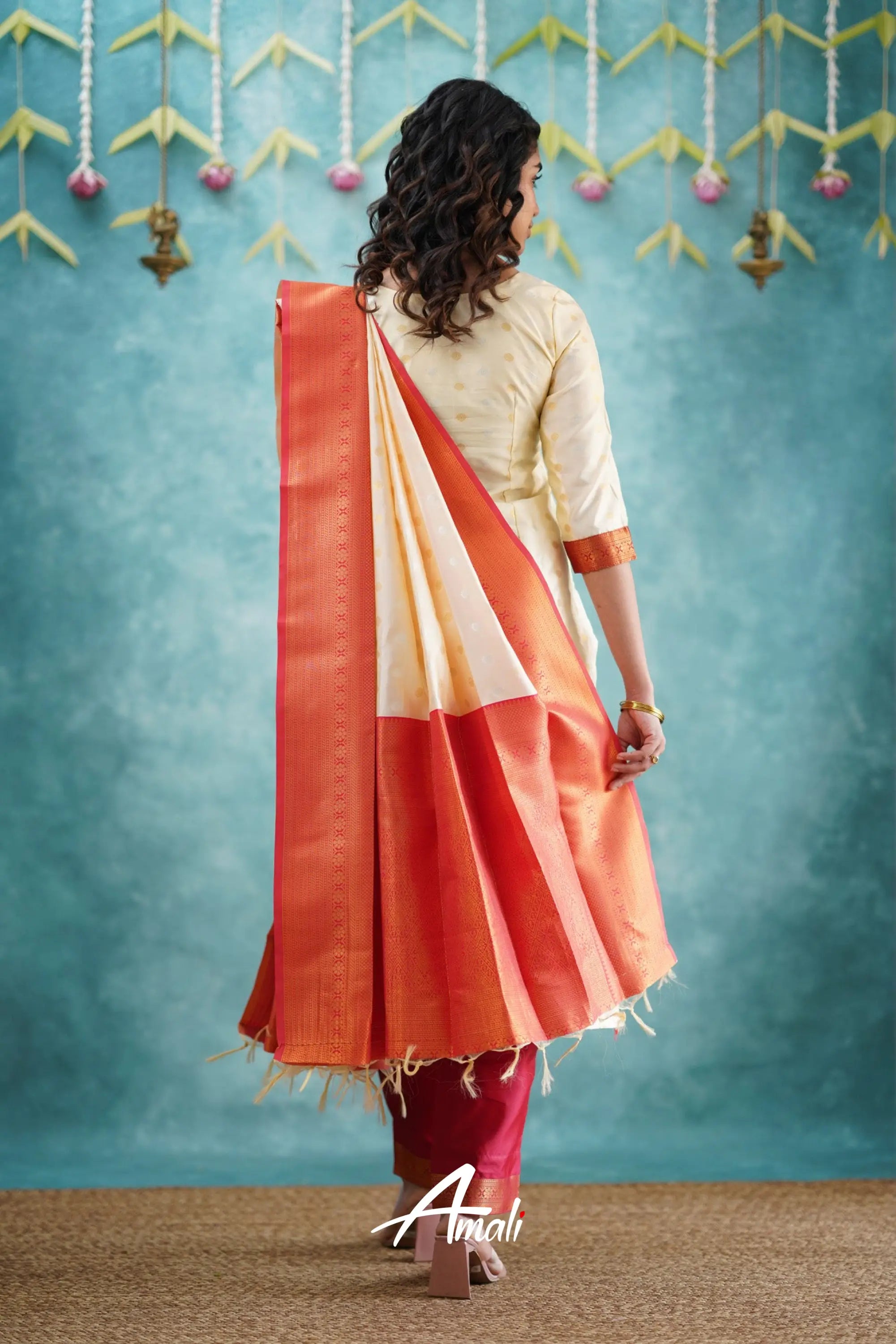 Omana - Cream And Red Blended Silk Salwar Salwar