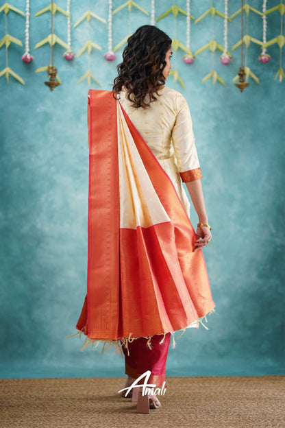 Sanvi - Cream And Red Blended Silk Salwar Salwar