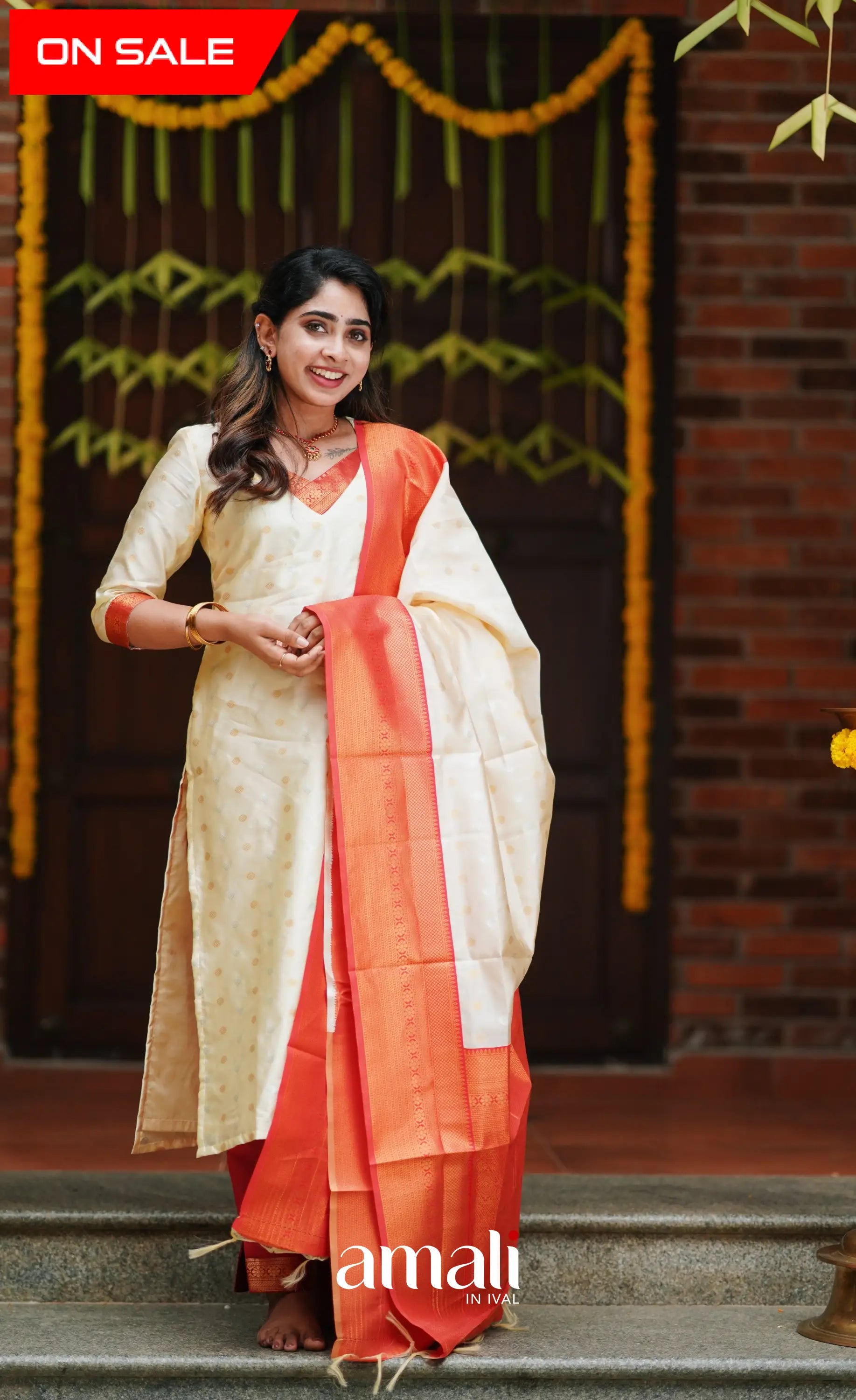 Omana - Cream And Red Blended Silk Salwar Salwar