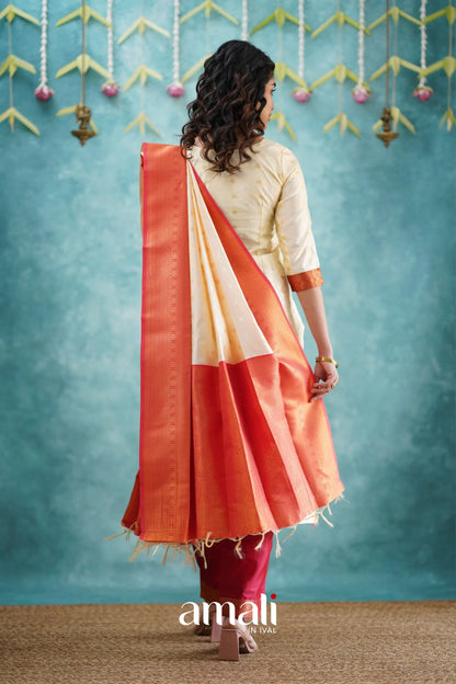 Omana - Cream And Red Blended Silk Salwar Salwar