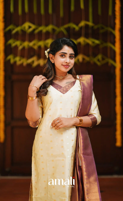 Omana - Cream And Violet Blended Silk Salwar Salwar