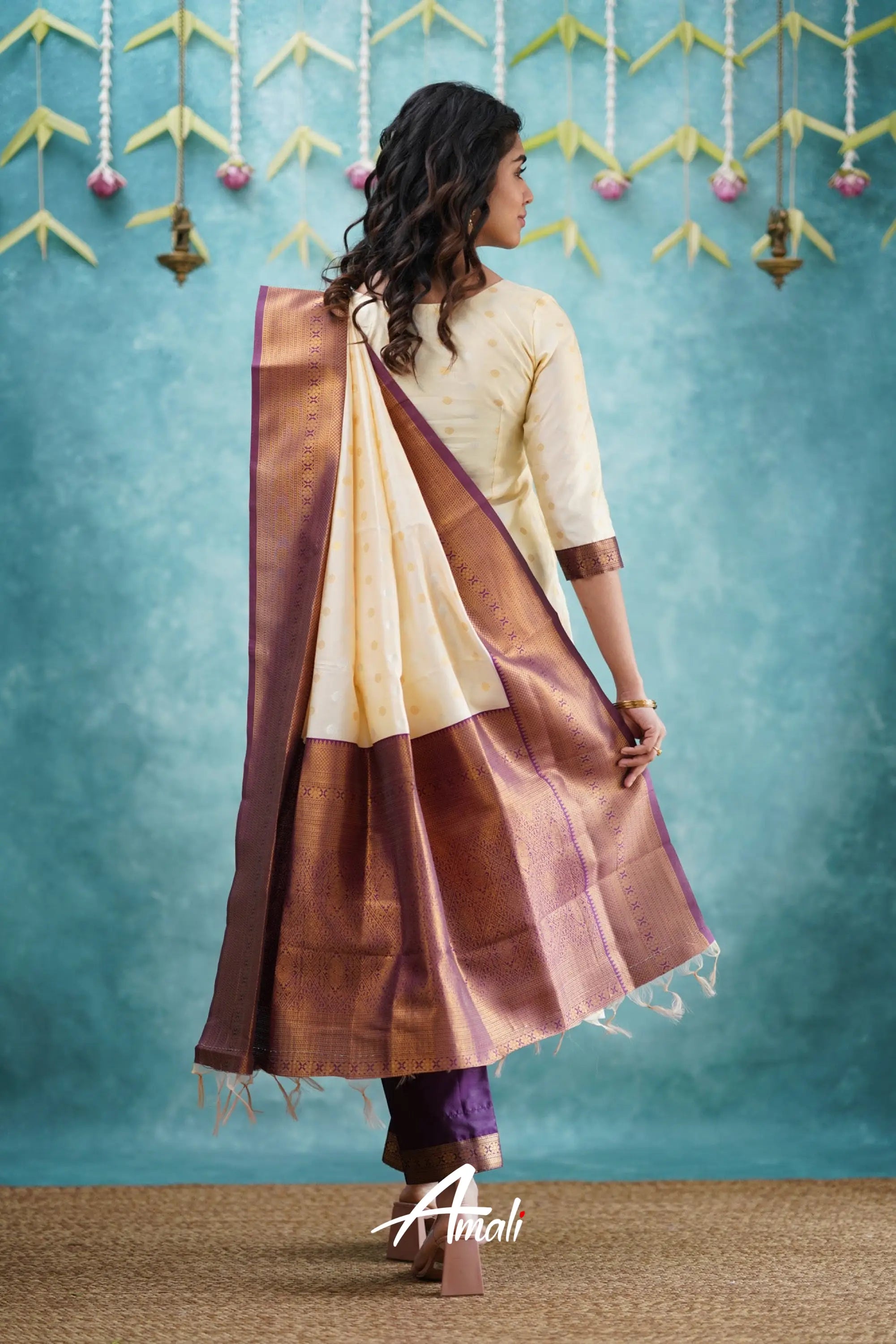 Omana - Cream And Violet Blended Silk Salwar Salwar