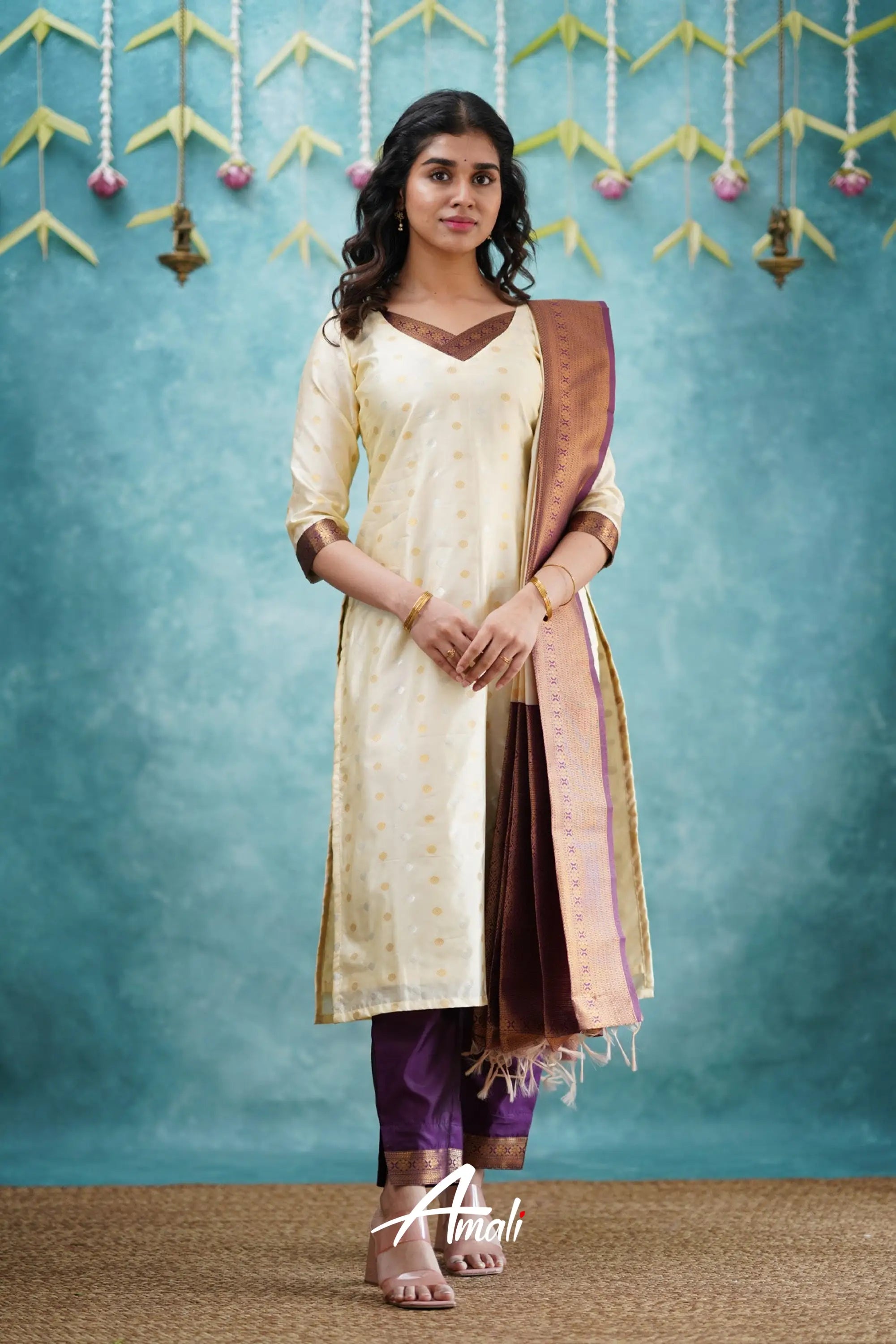 Omana - Cream And Violet Blended Silk Salwar Salwar