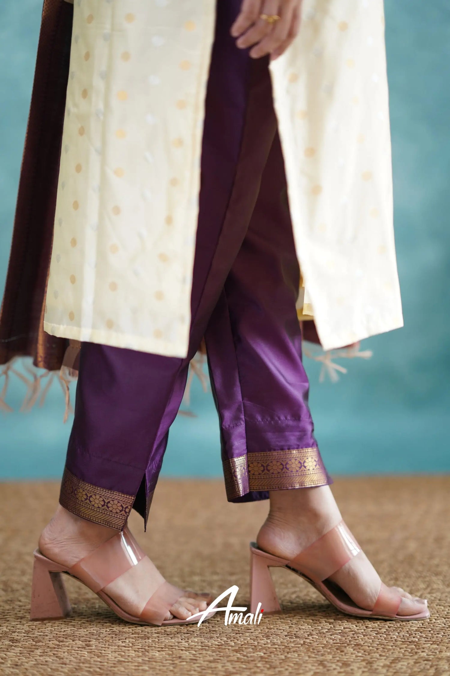 Omana - Cream And Violet Blended Silk Salwar Salwar