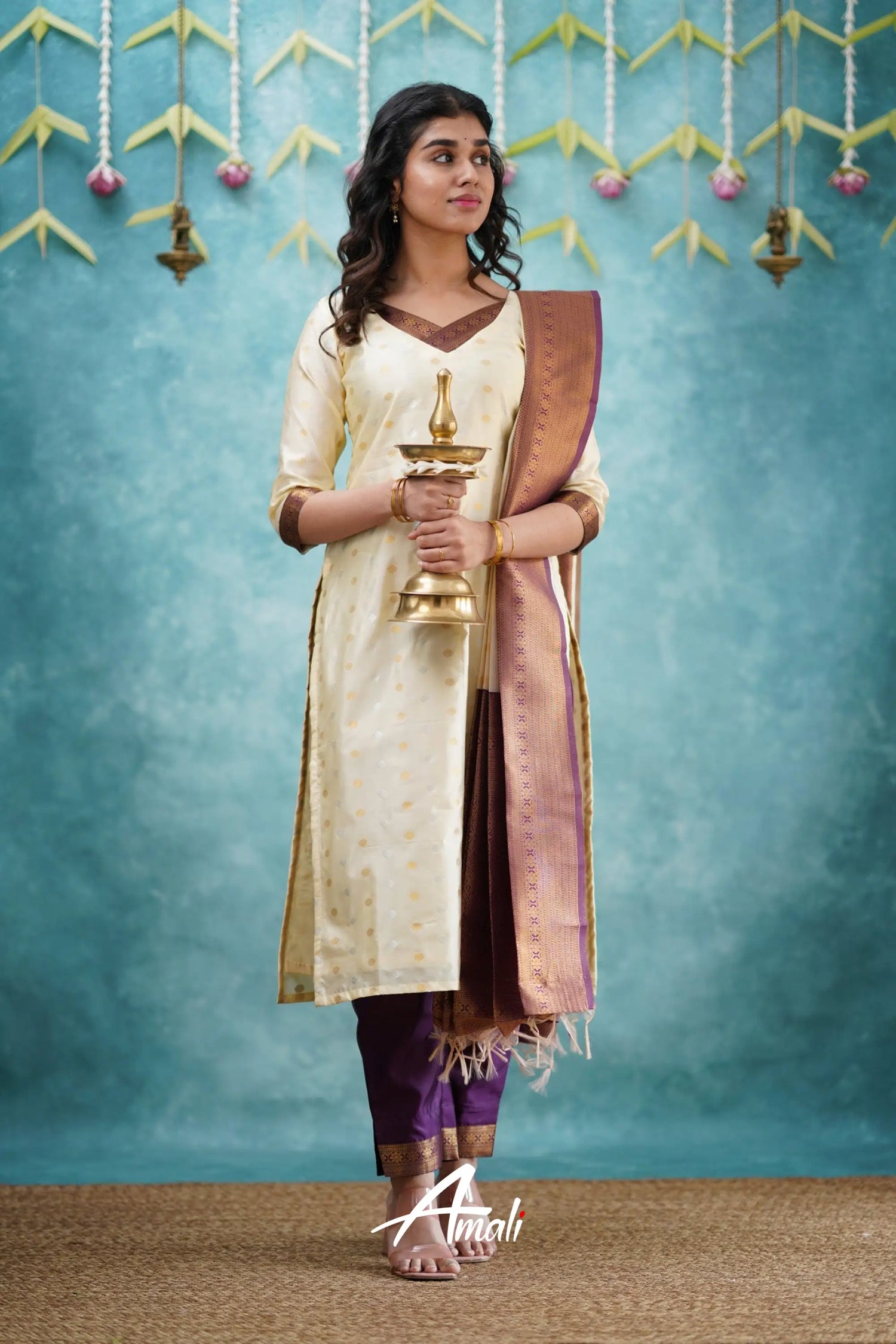 Omana - Cream And Violet Blended Silk Salwar Salwar