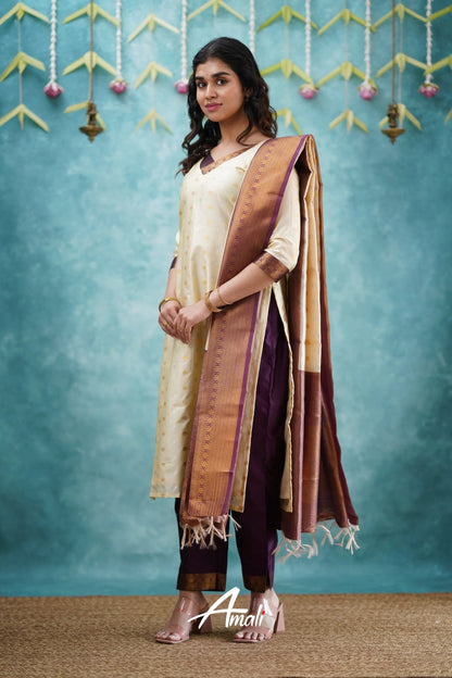 Omana - Cream And Violet Blended Silk Salwar Salwar