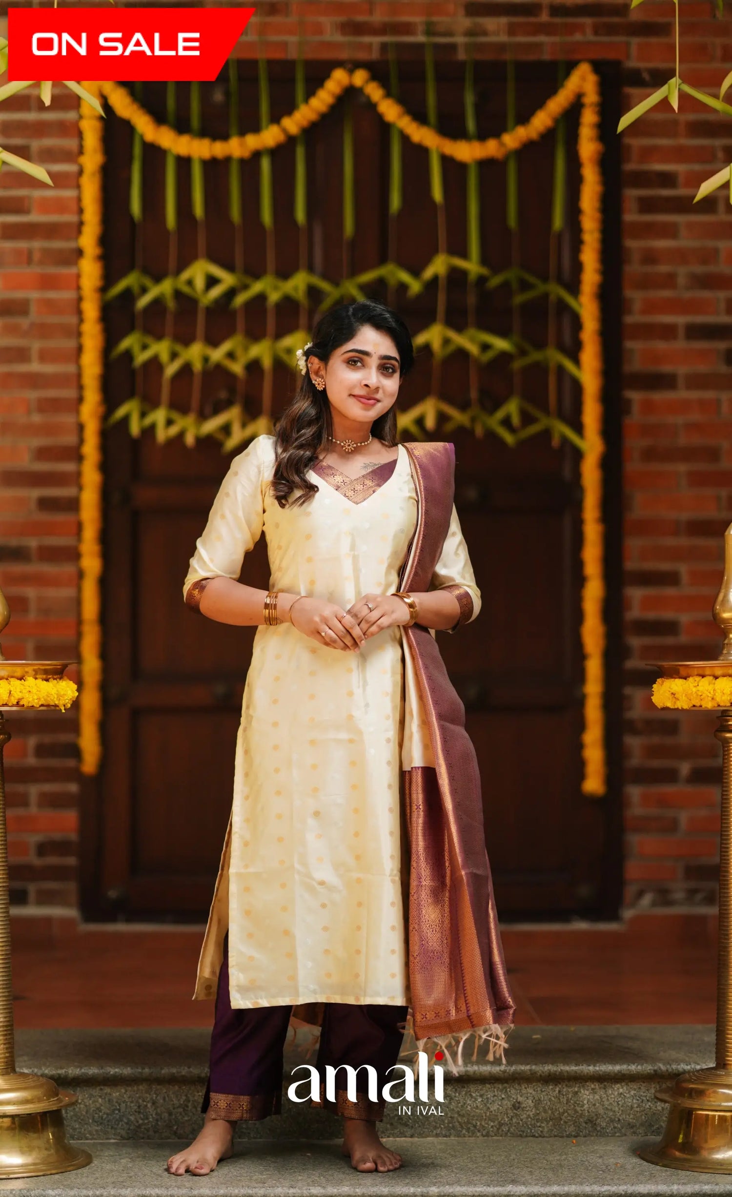 Omana - Cream And Violet Blended Silk Salwar Salwar