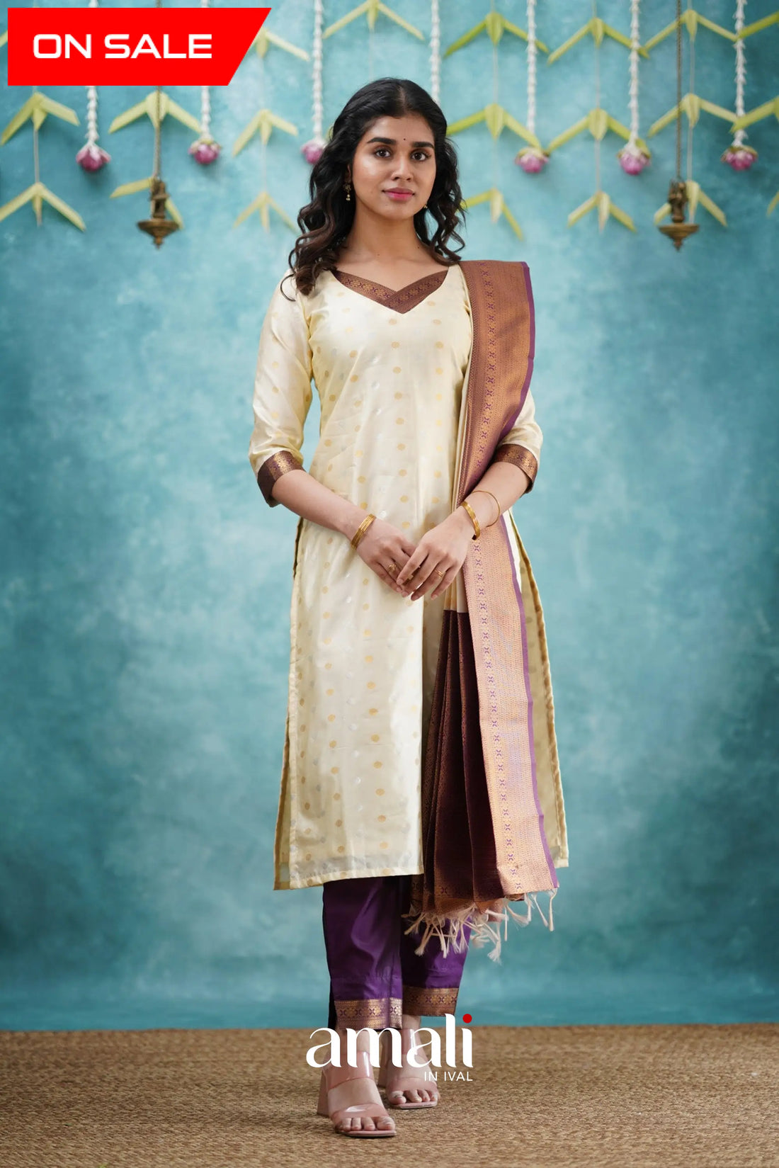 Omana - Cream And Violet Blended Silk Salwar Salwar