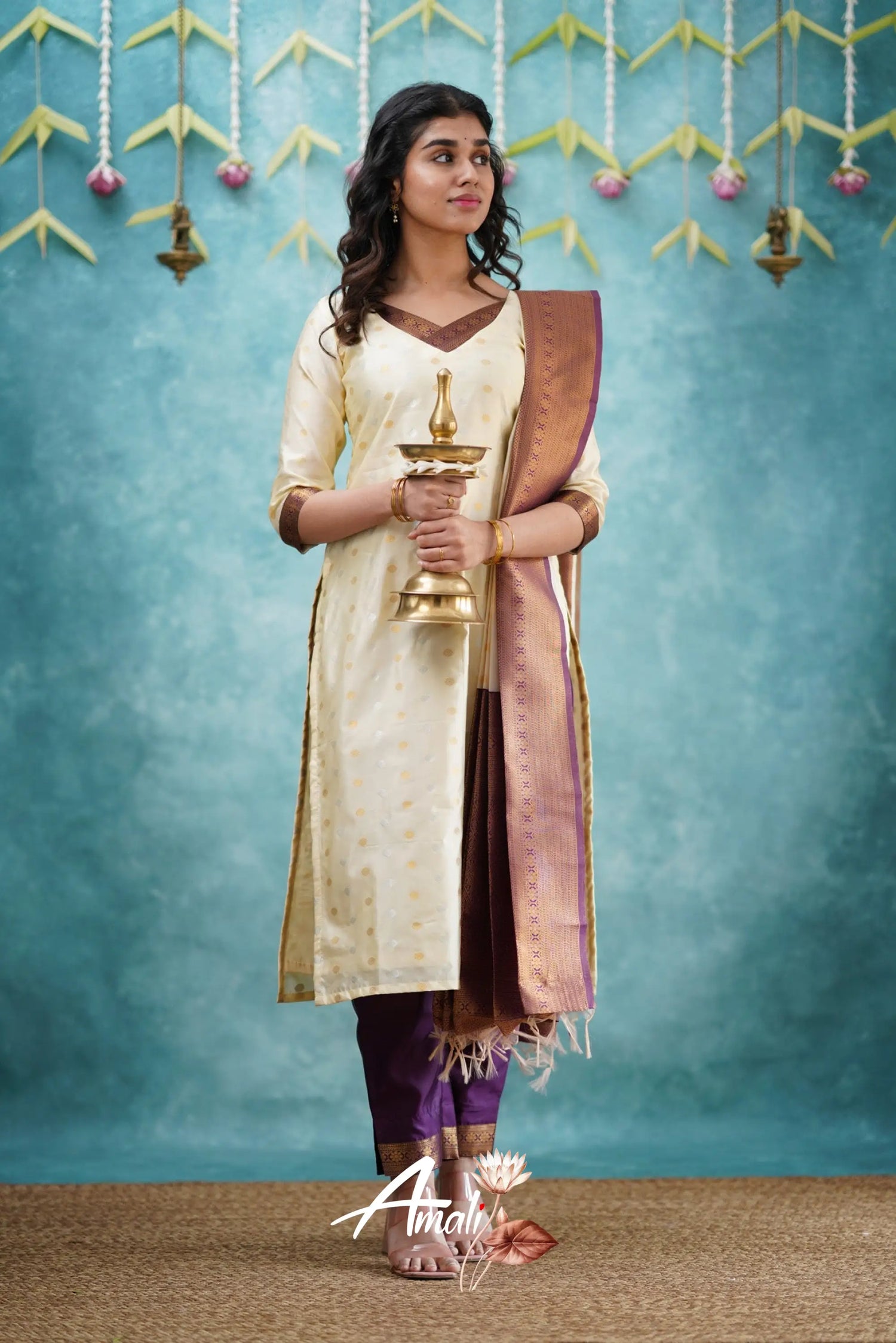 Omana - Cream And Violet Blended Silk Salwar Salwar