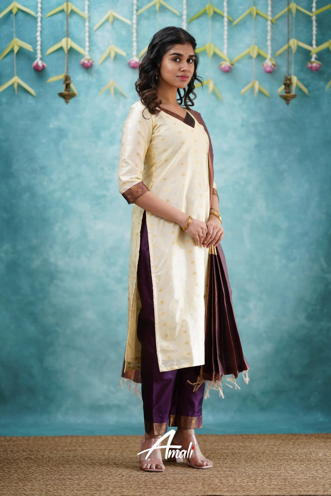 Omana - Cream And Violet Blended Silk Salwar Salwar