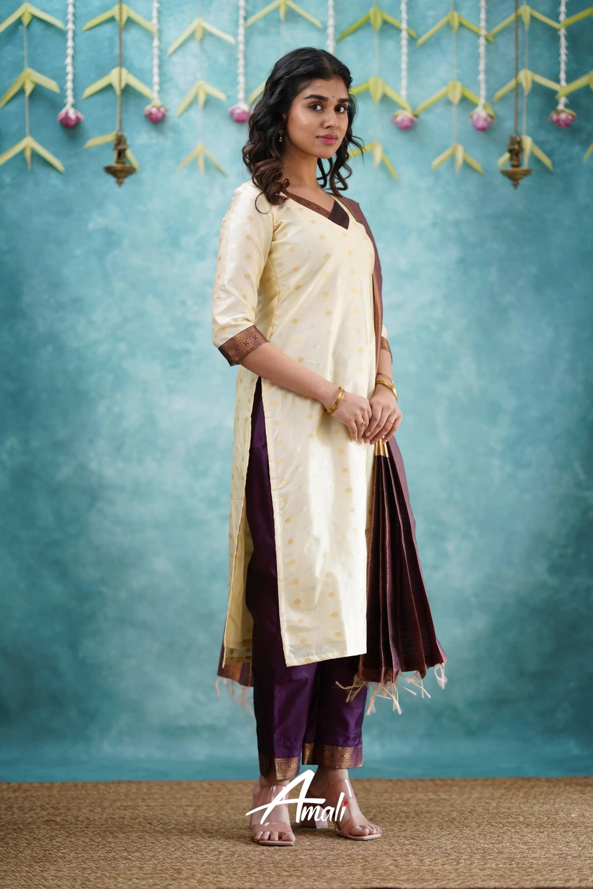 Omana - Cream And Violet Blended Silk Salwar Salwar