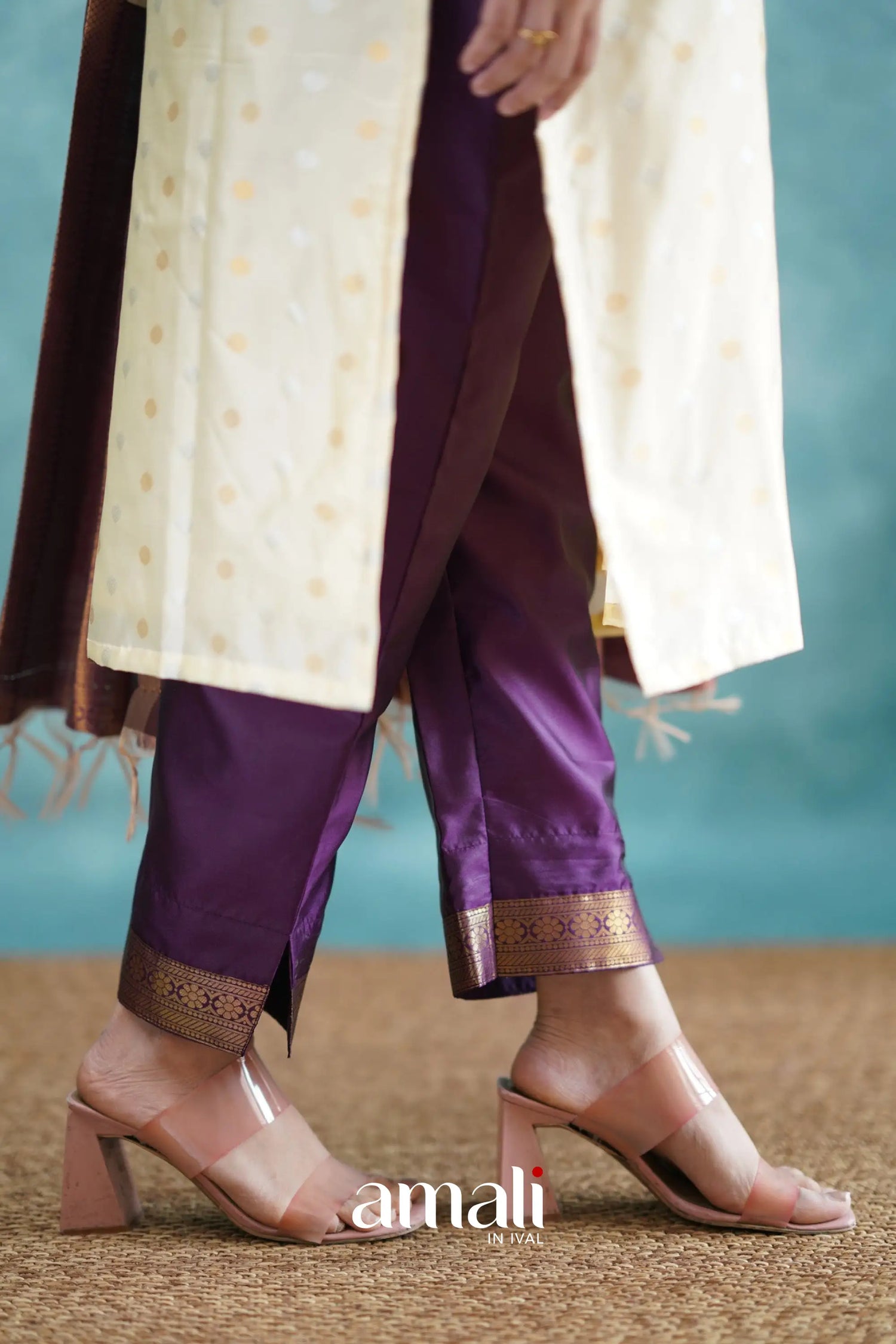 Omana - Cream And Violet Blended Silk Salwar Salwar