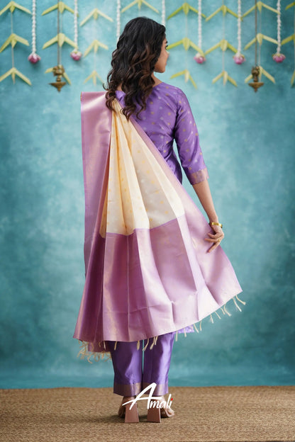 Omana - Lavender And Cream Blended Silk Salwar Salwar